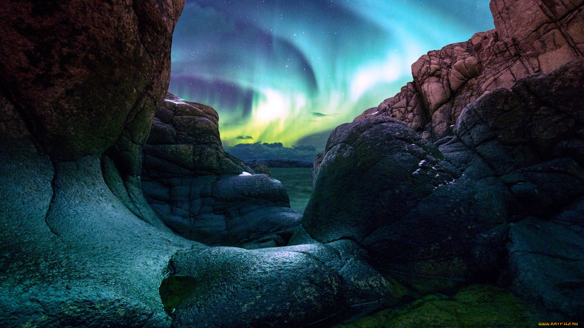 побережье, баренцева, моря, , россия, природа, северное, сияние, сияние, скалы, горы