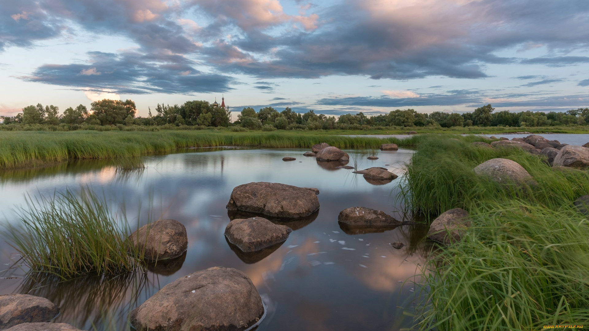 природа, реки, озера, пейзаж, деревья, камни, церковь, травы, речушка