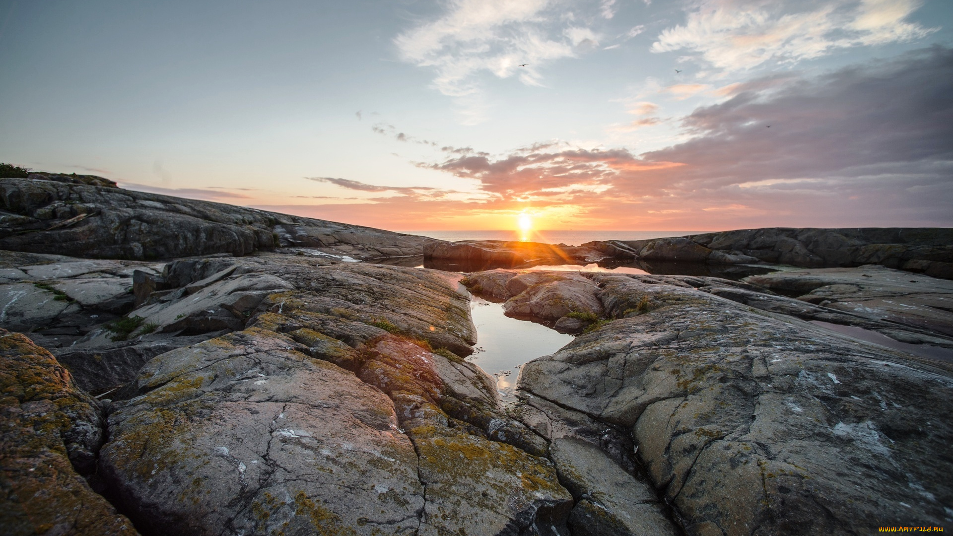 природа, восходы, закаты, закат, ручей, скалы, камни, небо, облака