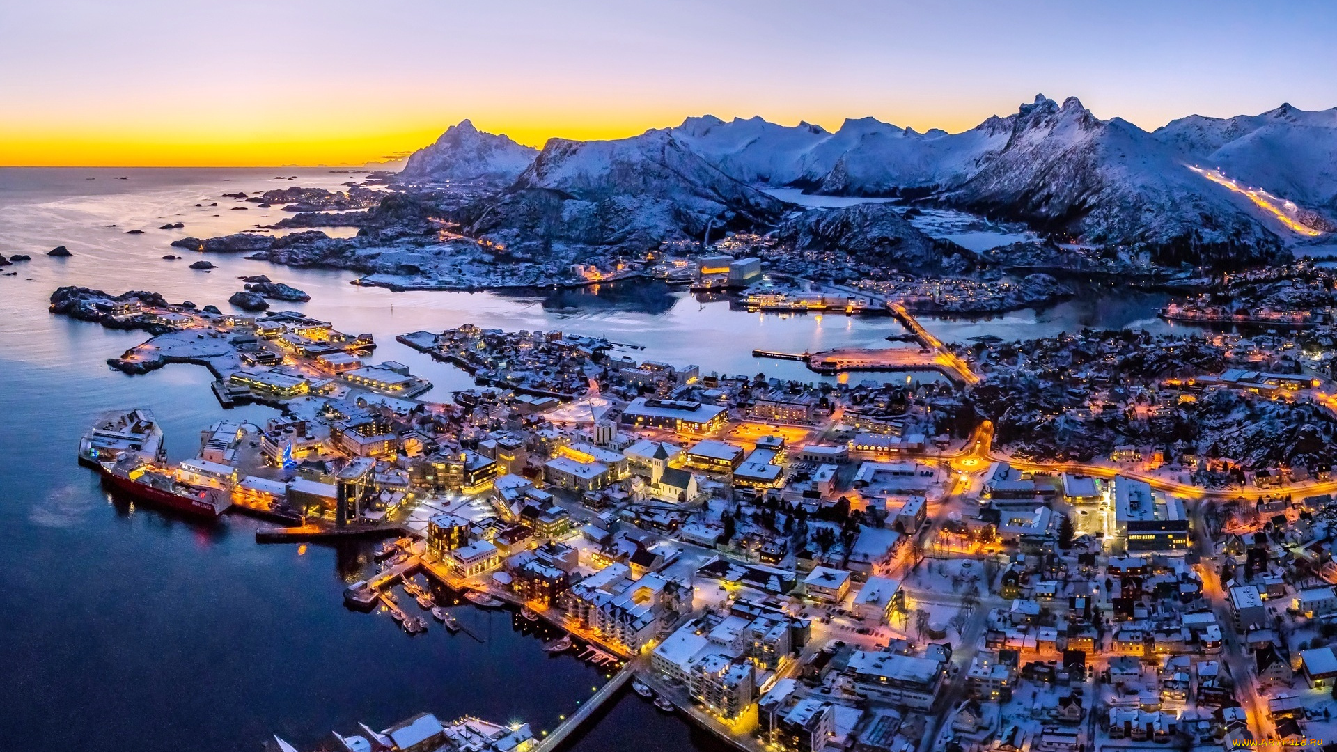 свольвер, , лофотенские, острова, , норвегия, города, -, огни, ночного, города, горы, огни, панорама, город, снег, море