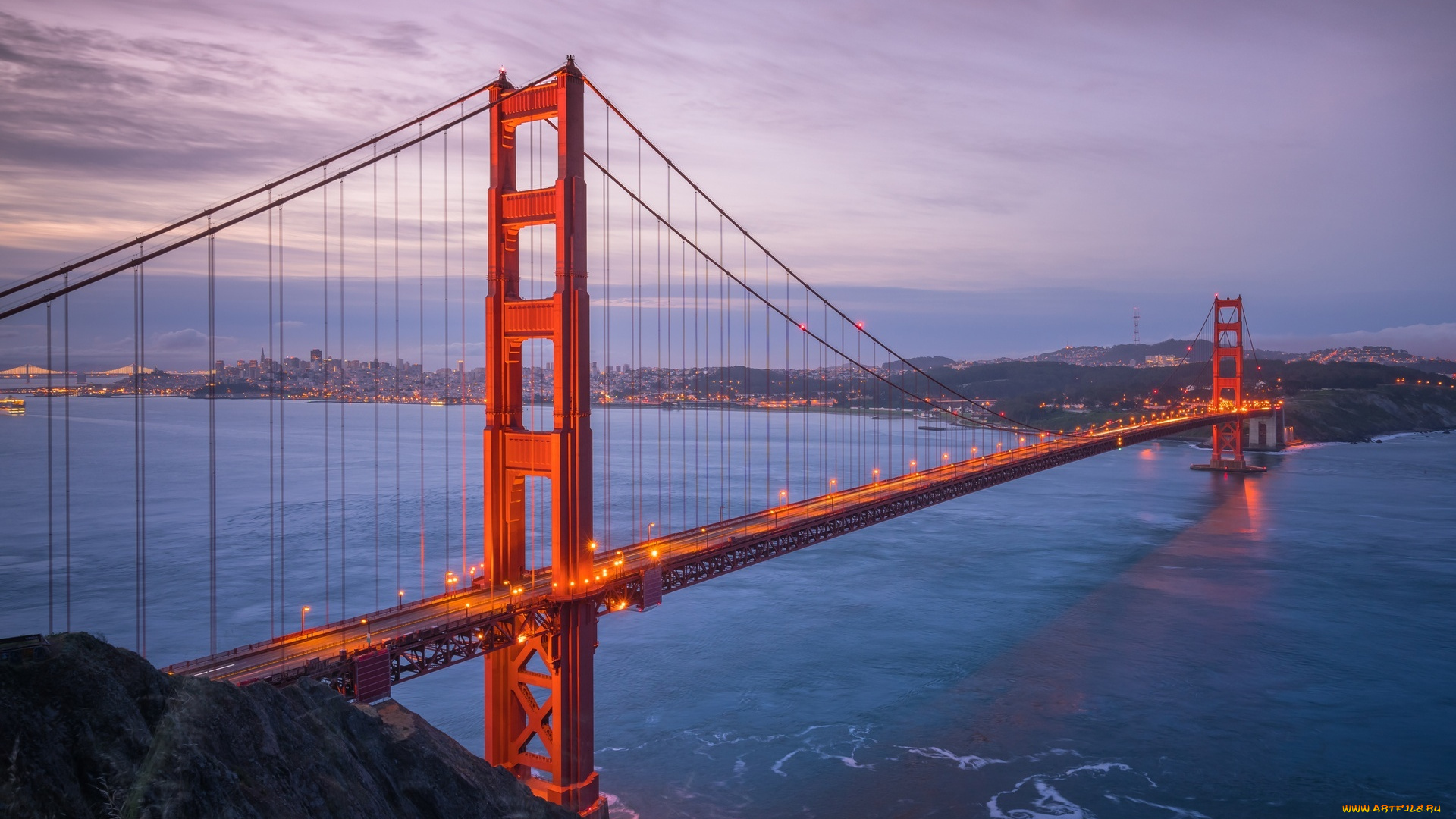 золотые, ворота, , сан-франциско, , сша, города, -, мосты, огни, берега, река, мост