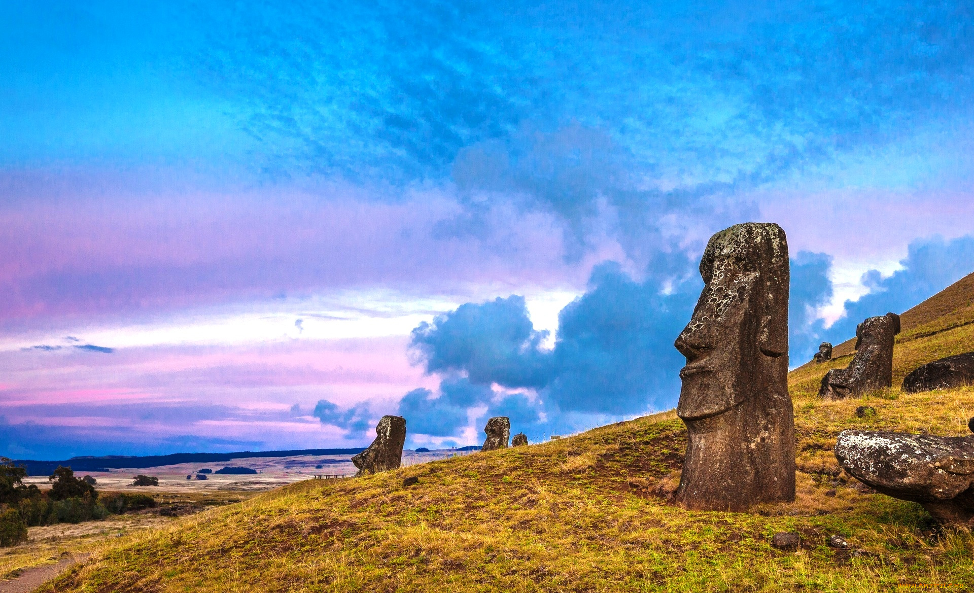 остров, пасхи, , чили, города, -, памятники, , скульптуры, , арт-объекты, небо, склон, облака, статуи