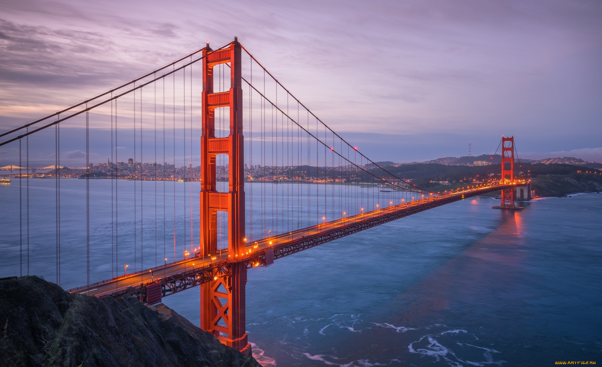 золотые, ворота, , сан-франциско, , сша, города, -, мосты, огни, берега, река, мост