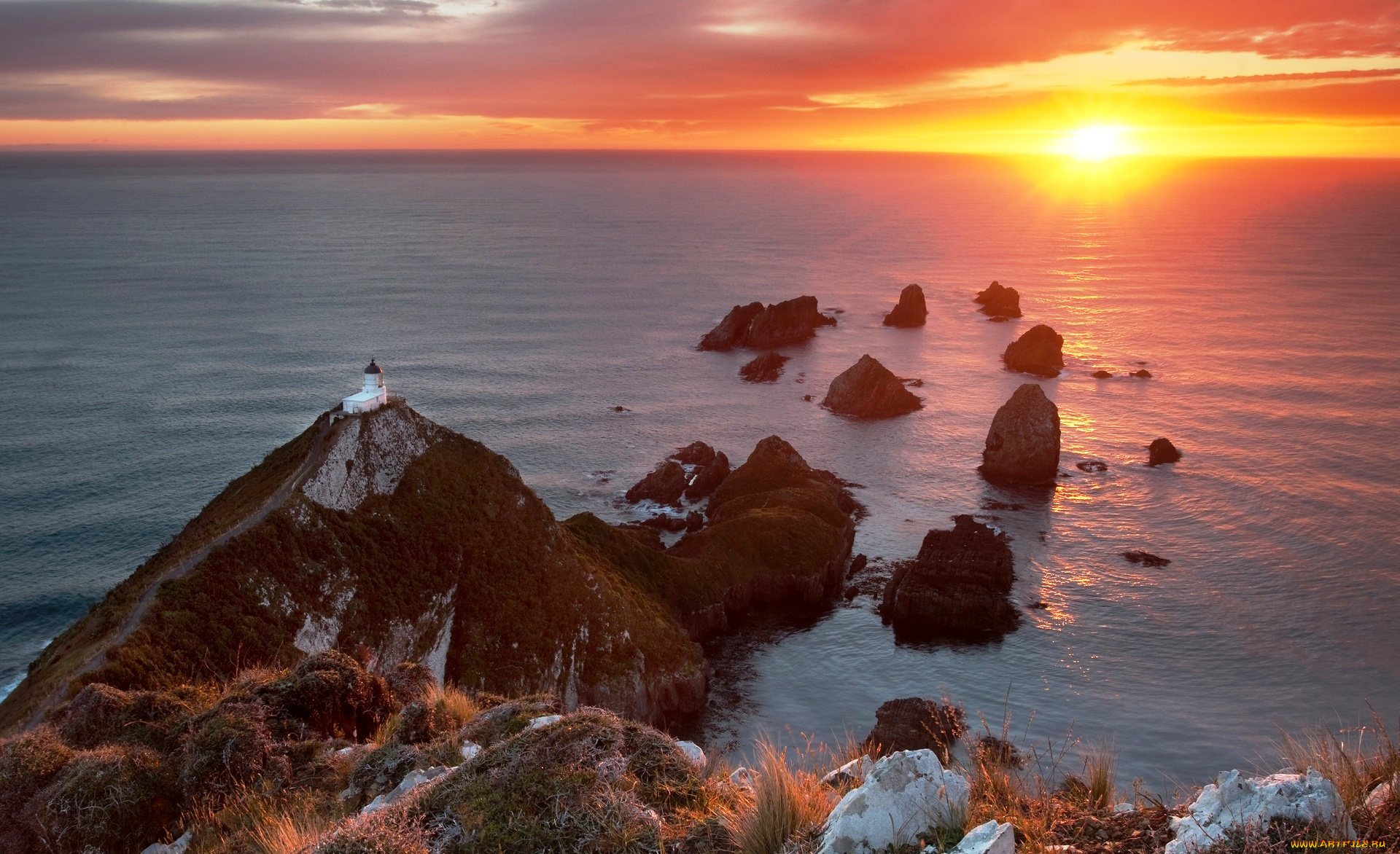 наггет, поинт, , катлинс, , новая, зеландия, природа, побережье, берег, острова, море, облака, закат, небо, здание, скалы