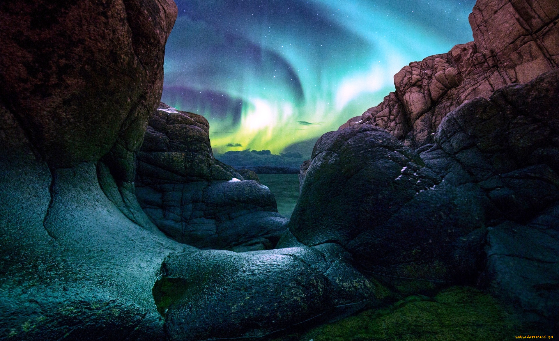 побережье, баренцева, моря, , россия, природа, северное, сияние, сияние, скалы, горы