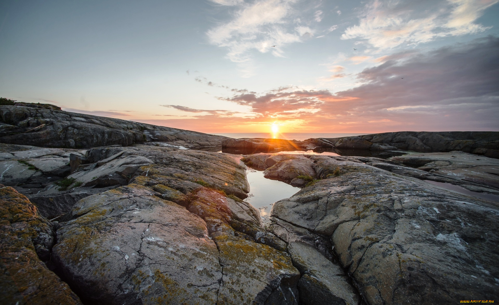 природа, восходы, закаты, закат, ручей, скалы, камни, небо, облака