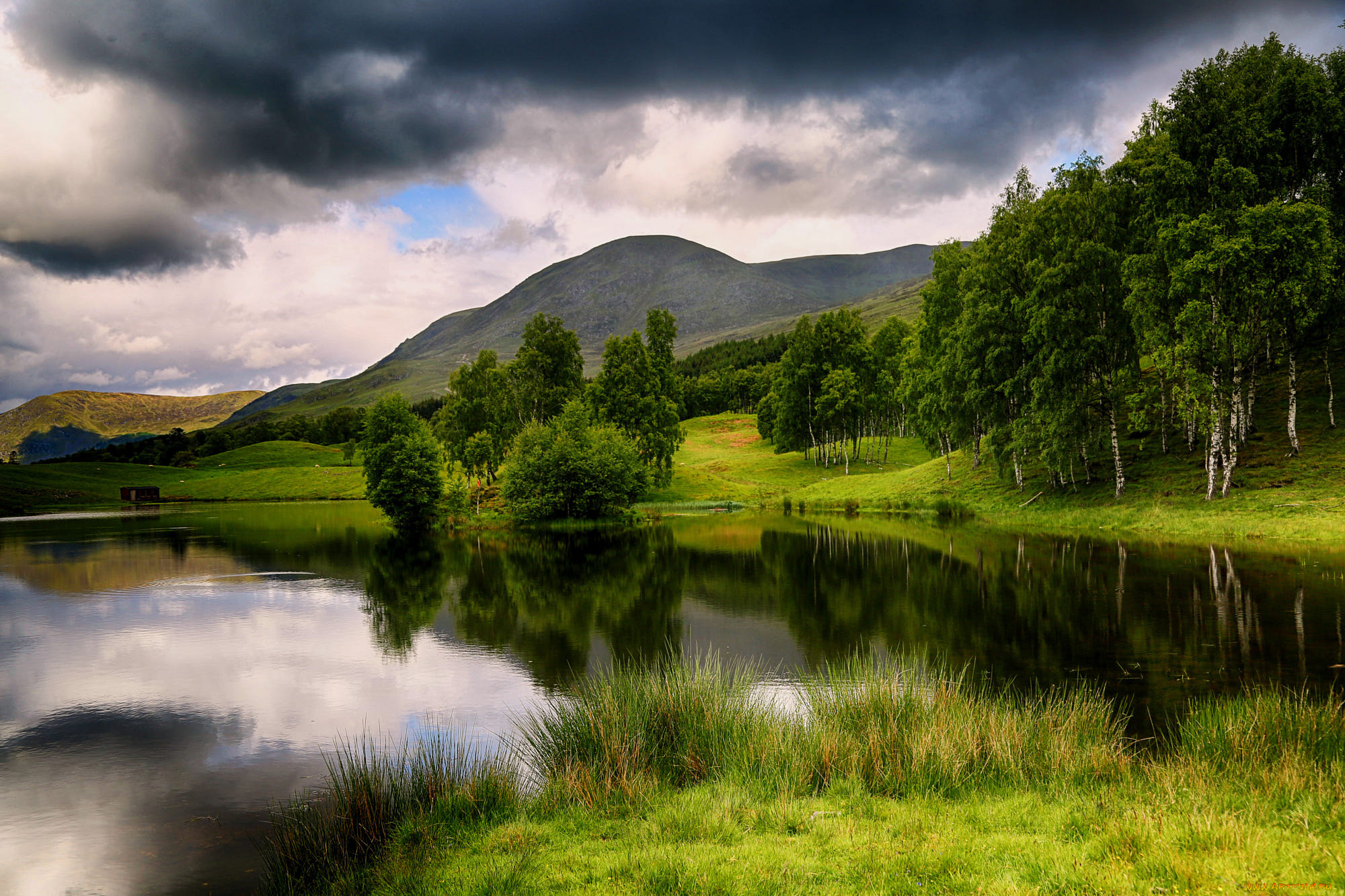 природа, пейзажи, hilda, murray, пейзаж, тучи, озеро, холмы, горы, облака