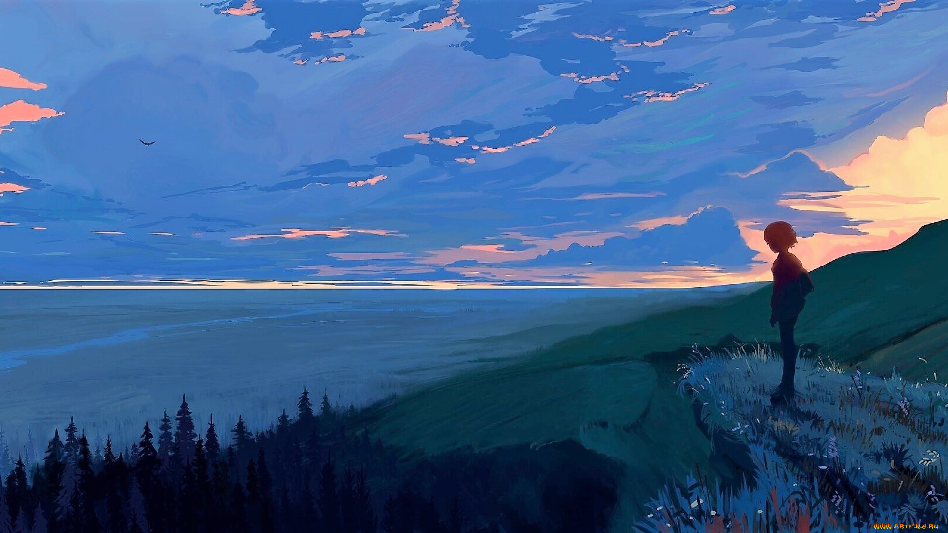 аниме, пейзажи, , природа, девочка, горы, небо, море