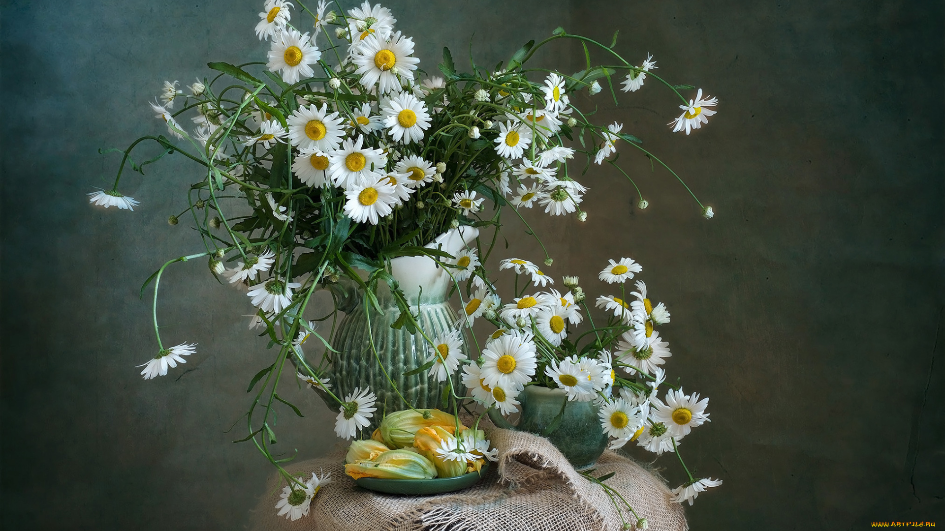цветы, ромашки, ваза, букет