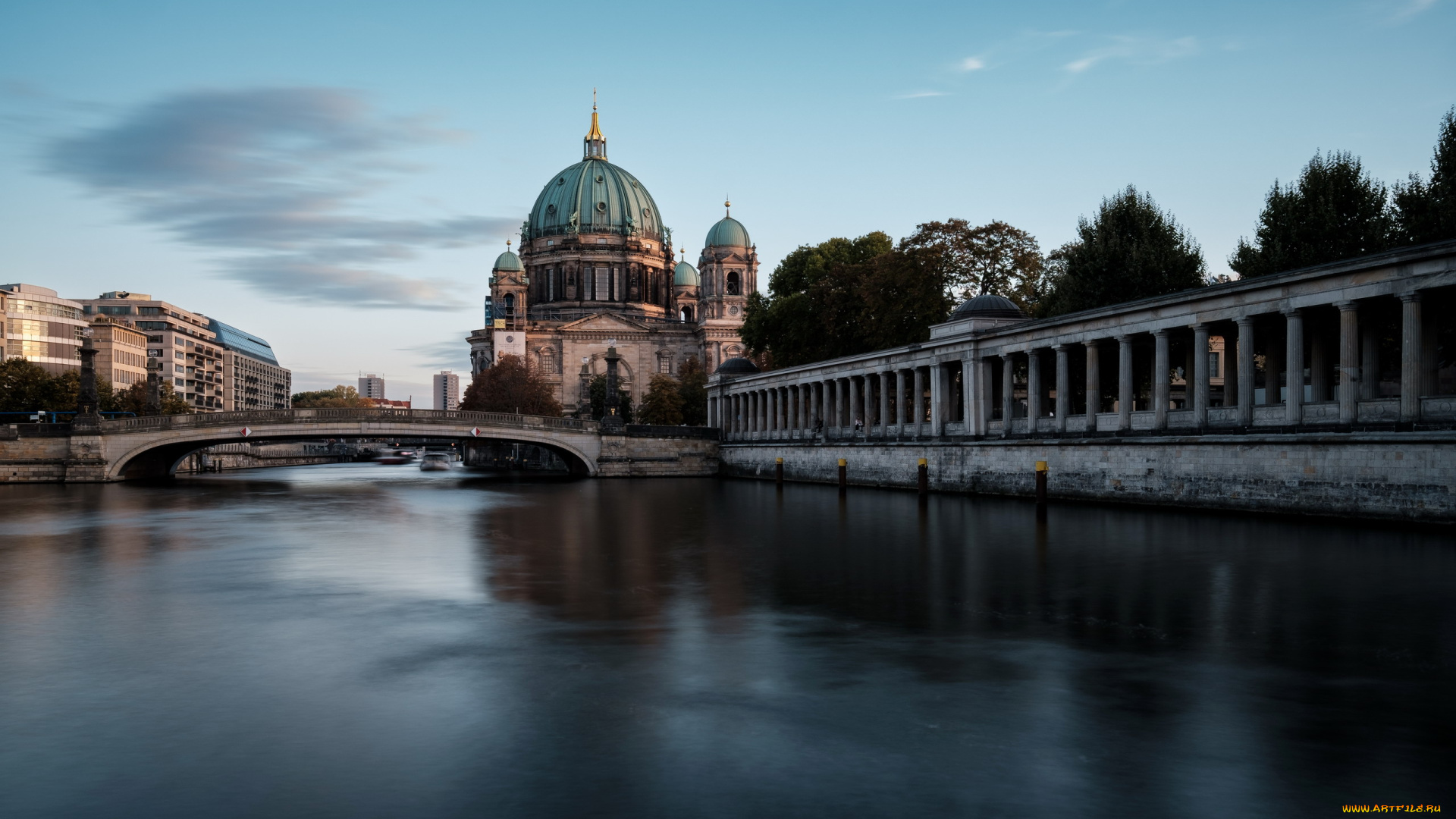 города, берлин, , германия, река, мост, собор