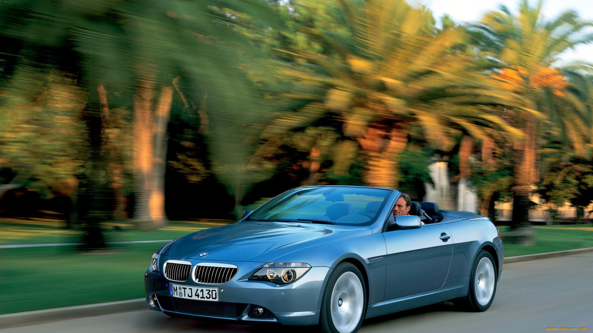 bmw, e63, автомобили, bmw, голубой, кабриолет, скорость, дорога, шоссе, пальмы