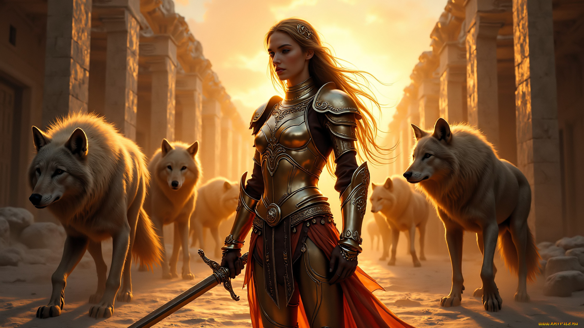 фэнтези, красавицы, и, чудовища, девушка, меч, латы, воительница, волки, стая, колонны
