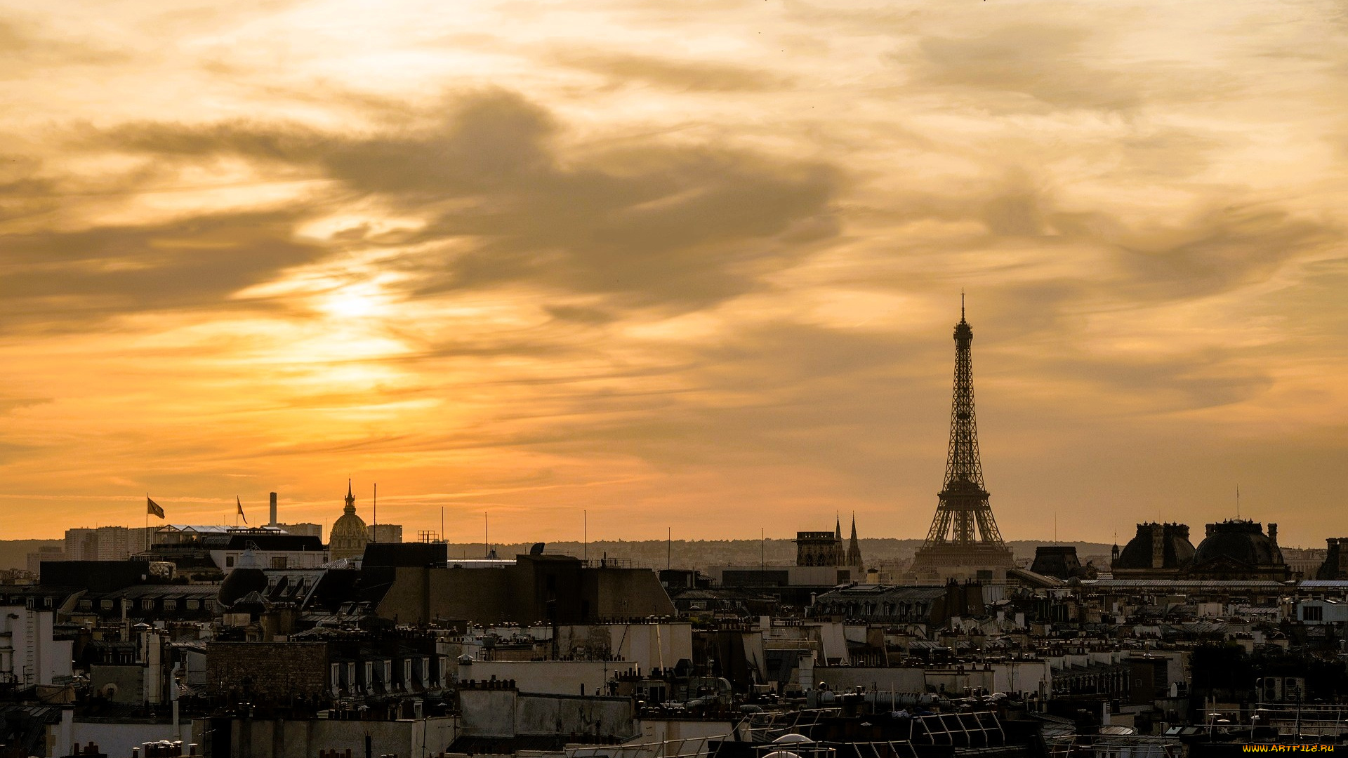 города, париж, , франция, небо, облака, восход, башня, дома, крыши