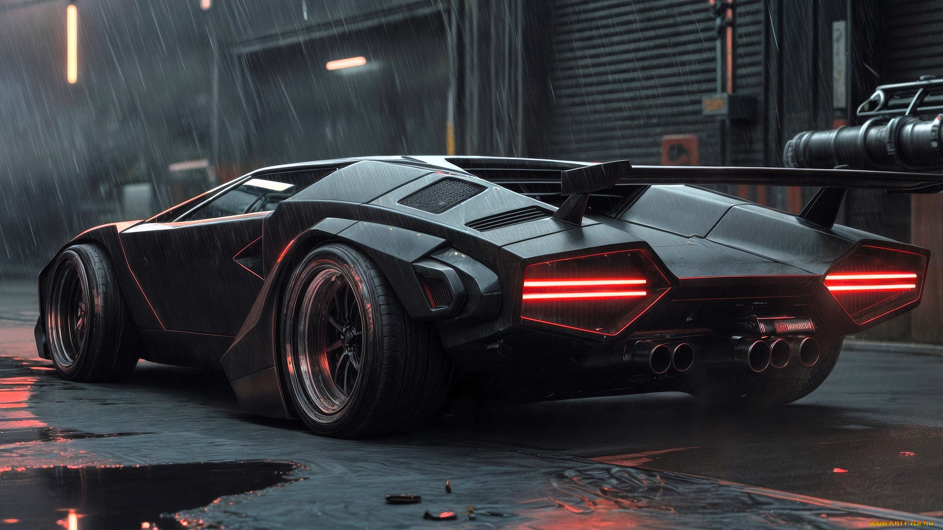 lamborghini, countach, автомобили, 3д, черный, здание, дождь, лужи