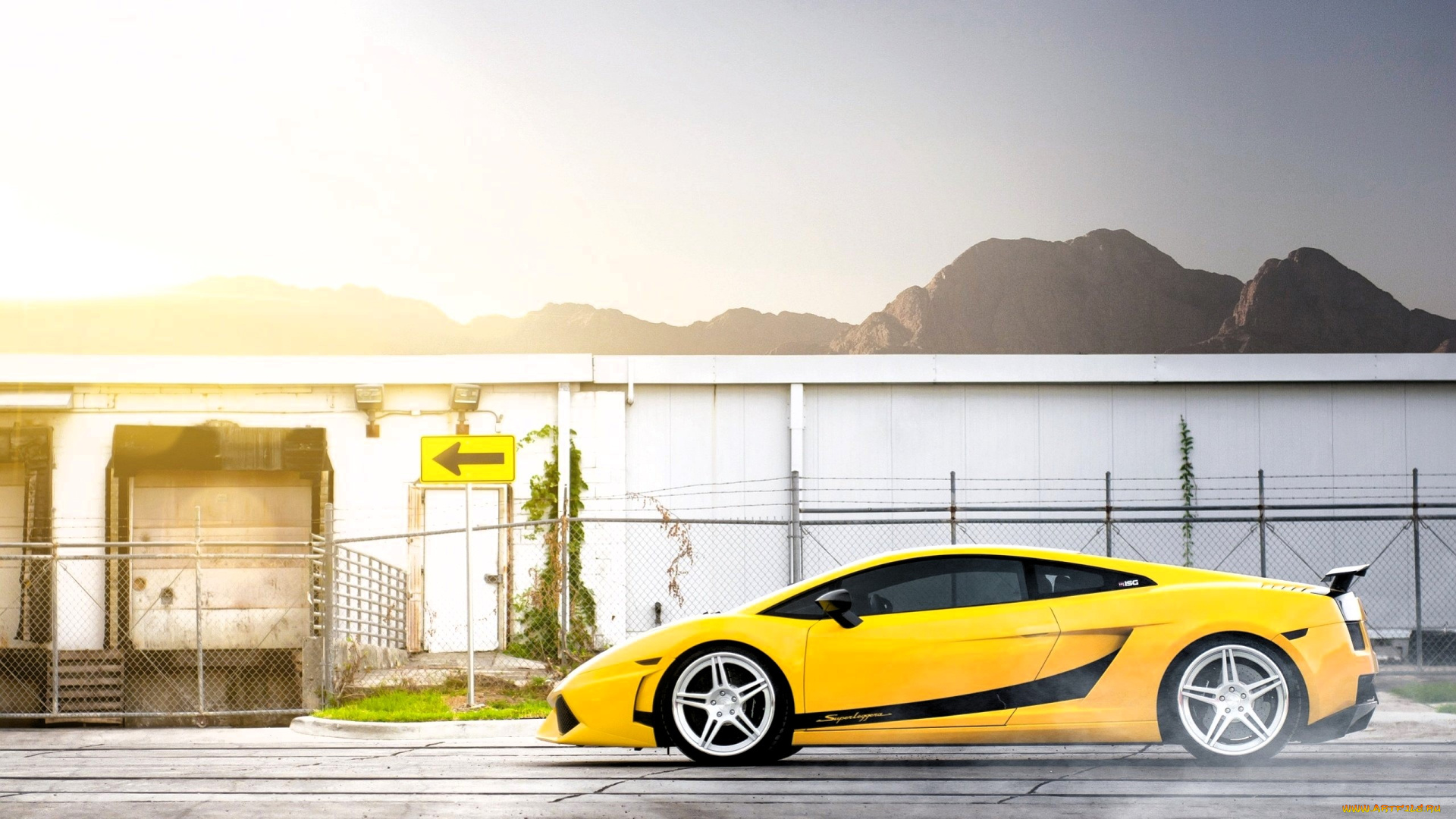 lamborghini, gallardo, автомобили, lamborghini, желтый, забор, стена, указатель, горы