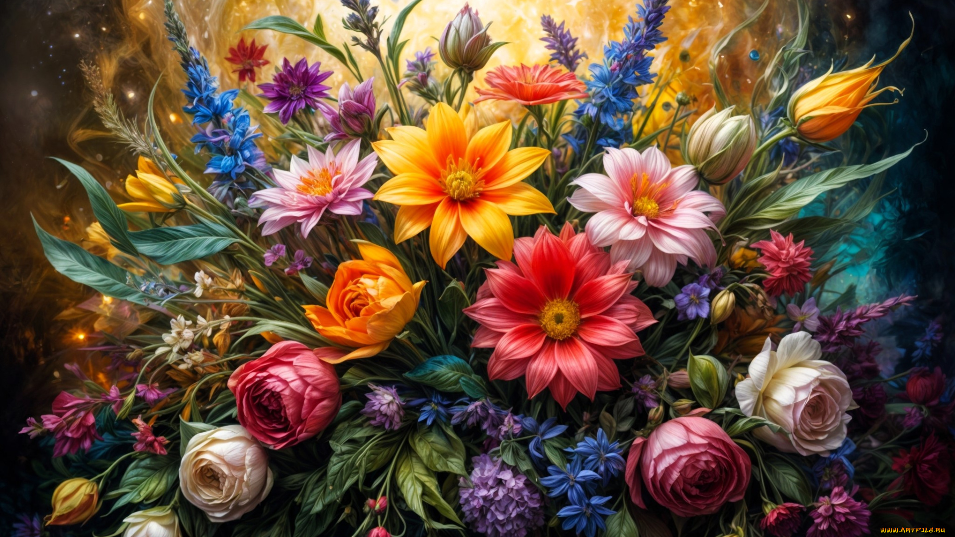 рисованное, цветы, букет