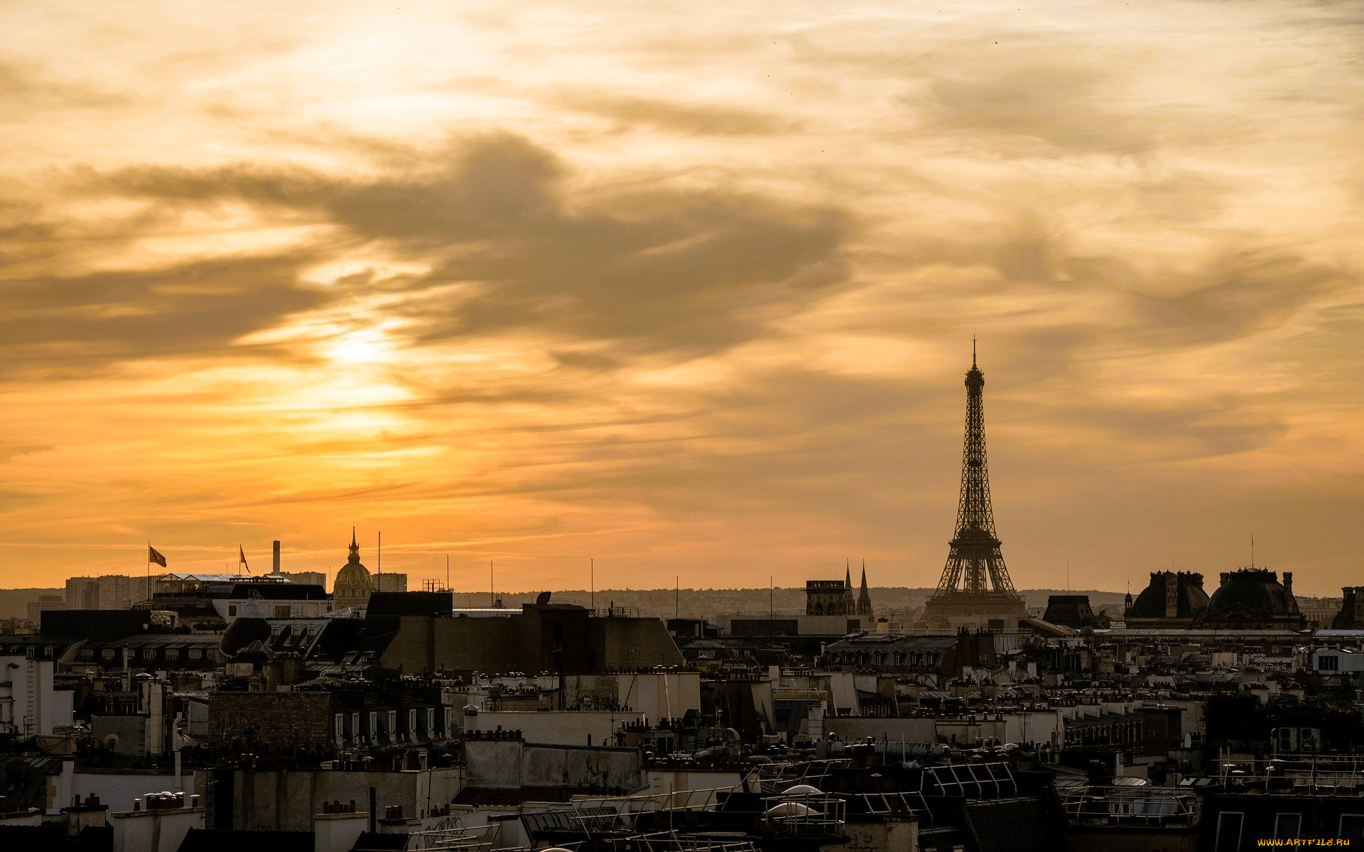 города, париж, , франция, небо, облака, восход, башня, дома, крыши