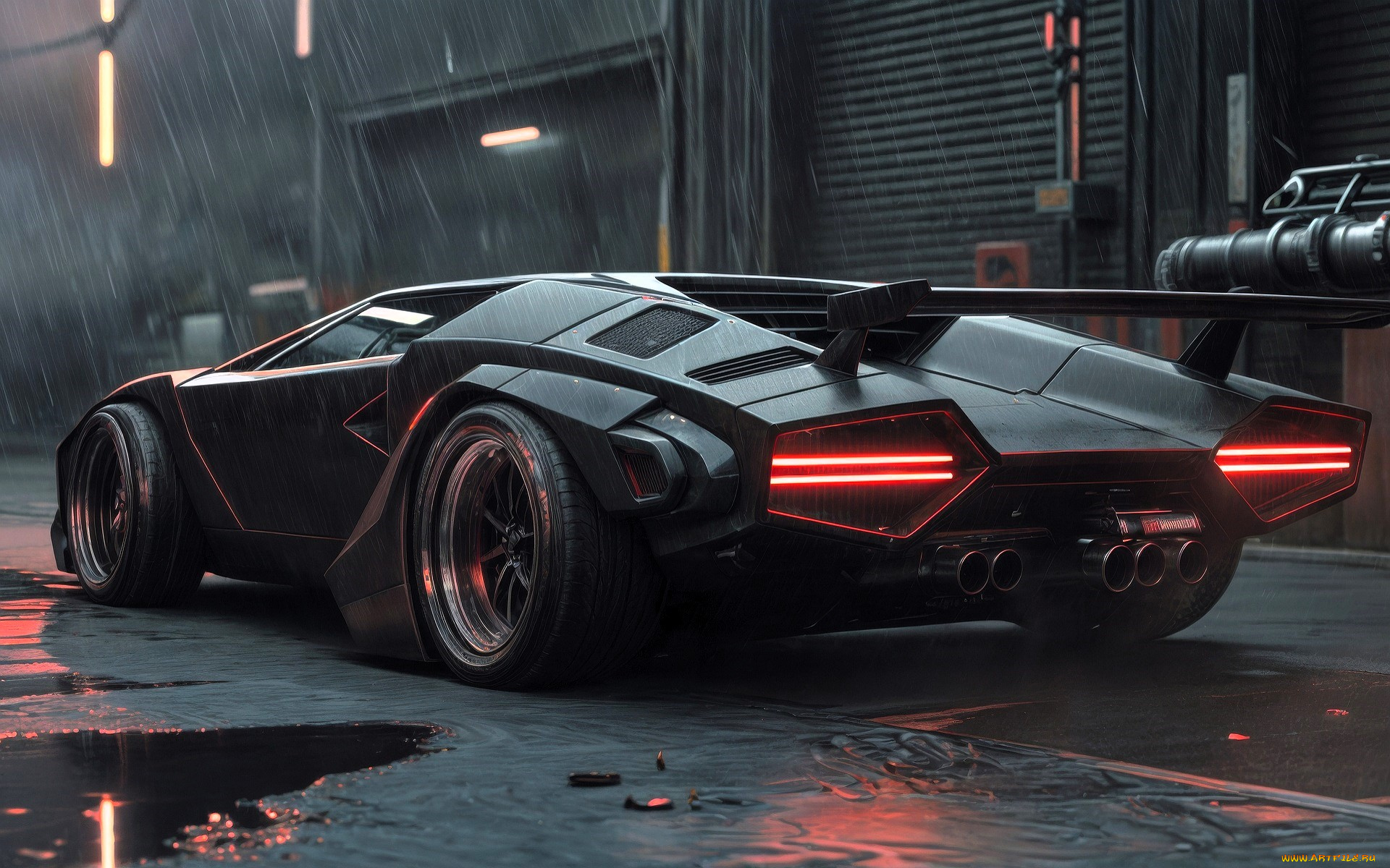 lamborghini, countach, автомобили, 3д, черный, здание, дождь, лужи