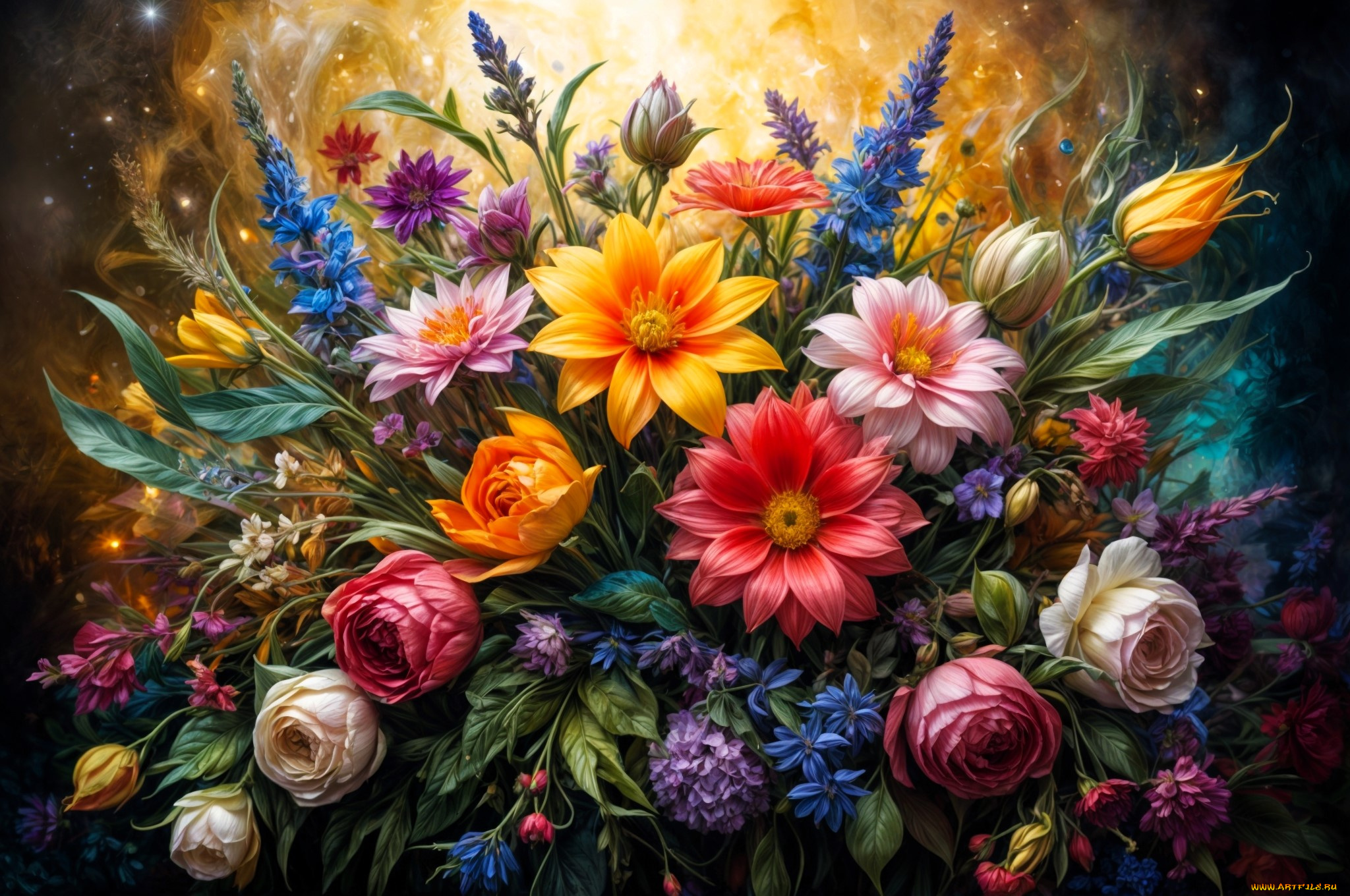 рисованное, цветы, букет