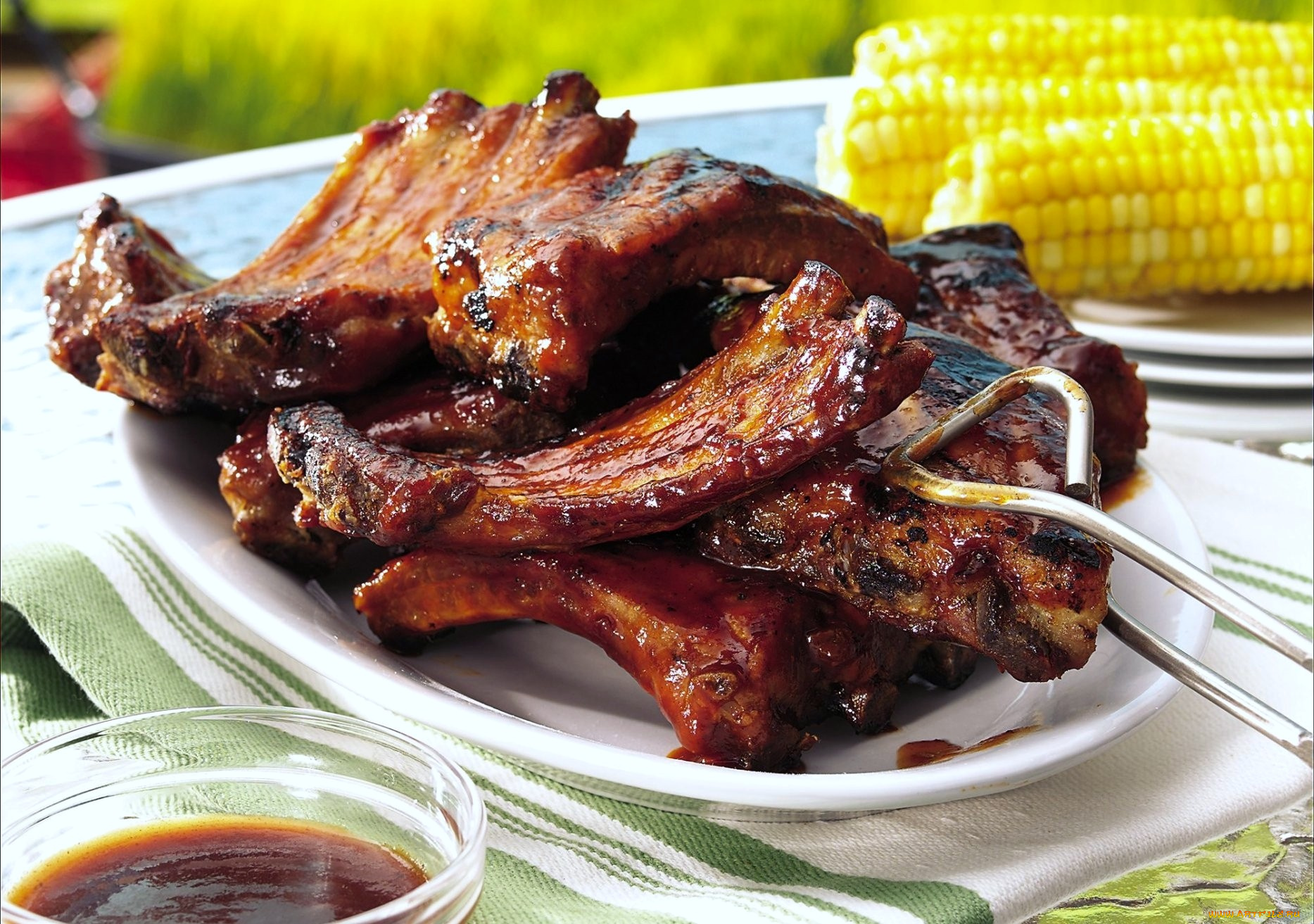 еда, мясные, блюда, кукуруза, зажаренный, ребрышки