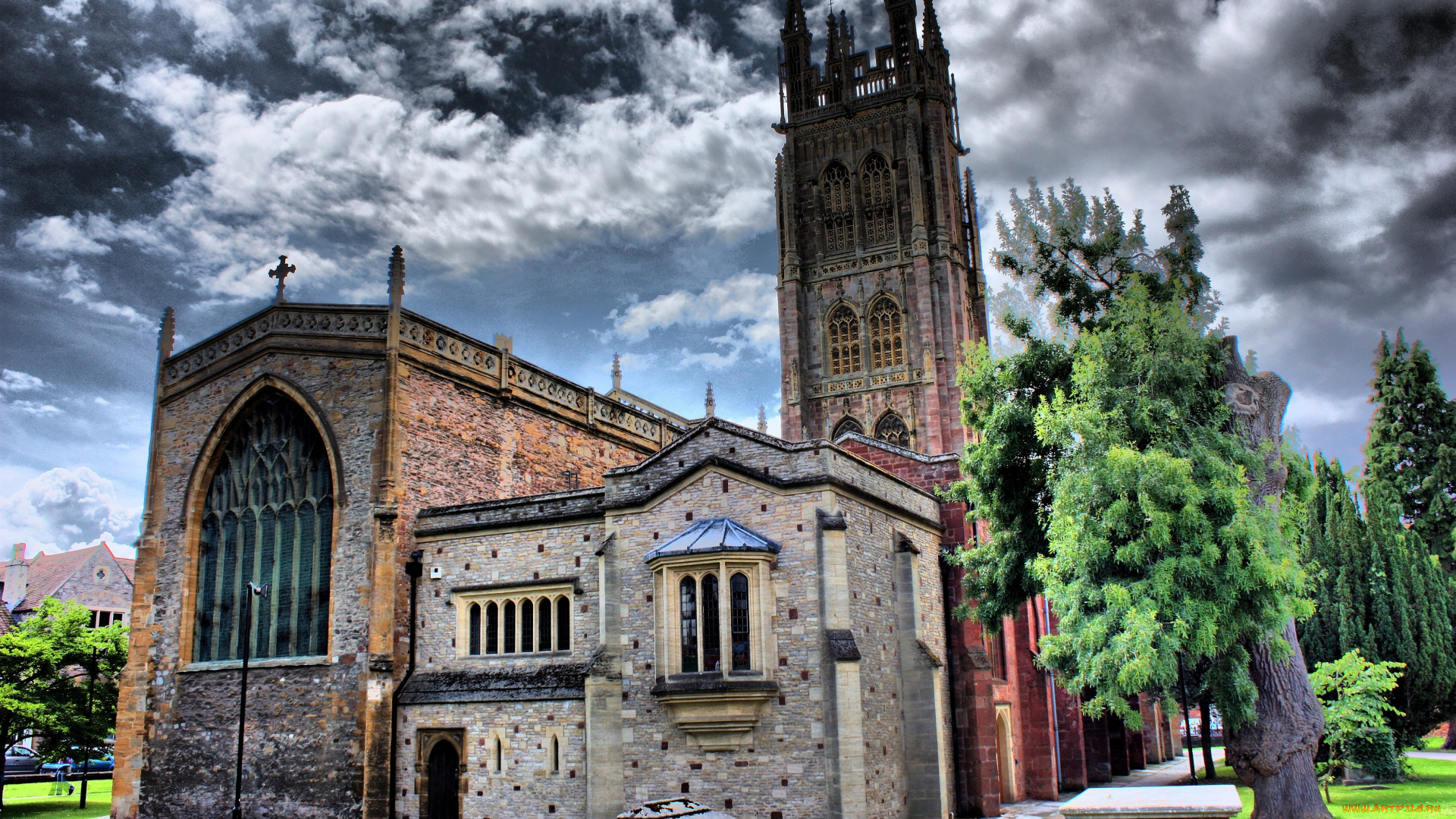 церковь, святой, марии, магдалины, тонтон, англия, города, католические, соборы, костелы, аббатства, здание, крест, башня, дерево, тучи