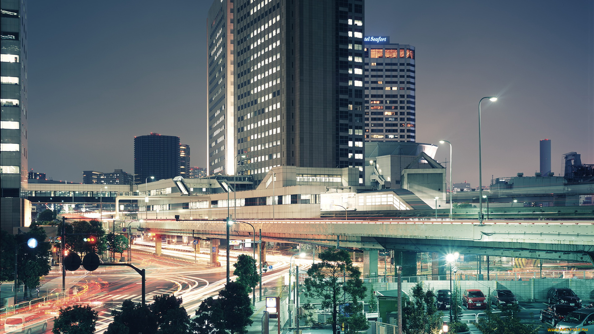 города, огни, ночного, освещения, дома, вечер, улица