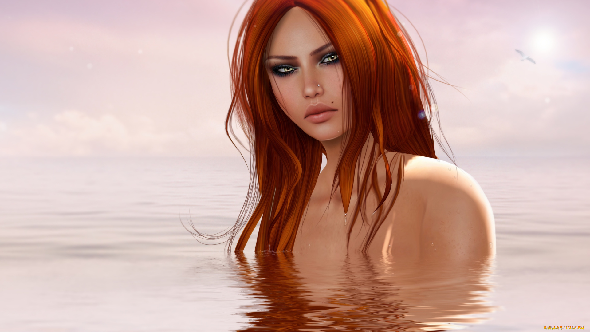 3д, графика, portraits, портрет, лицо, волосы, вода, рыжая