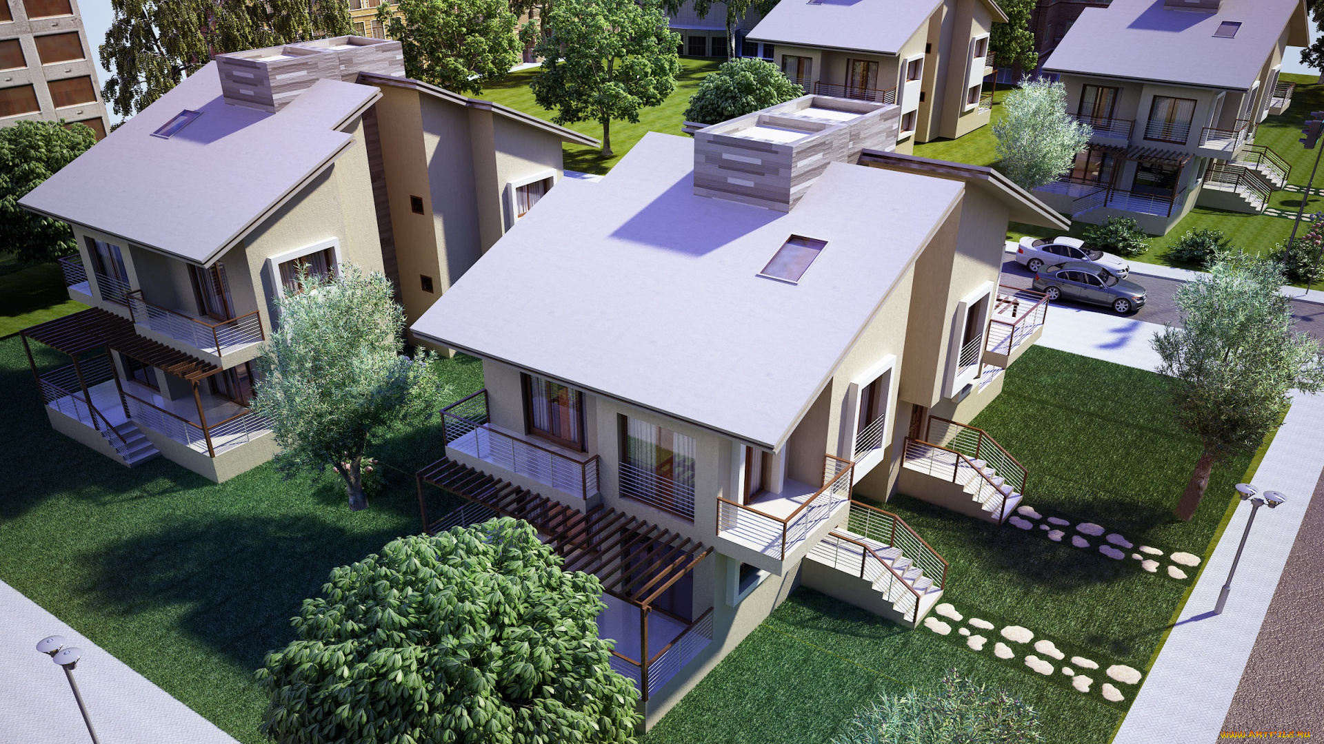 3д, графика, architecture, архитектура, дома, тротуар, автомобили, деревья