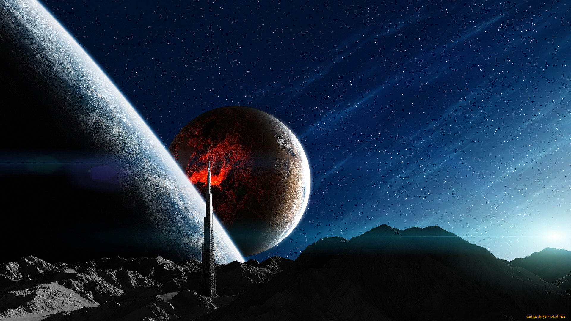 3д, графика, atmosphere, mood, атмосфера, настроения, дом, поверхнось, звезды, планеты