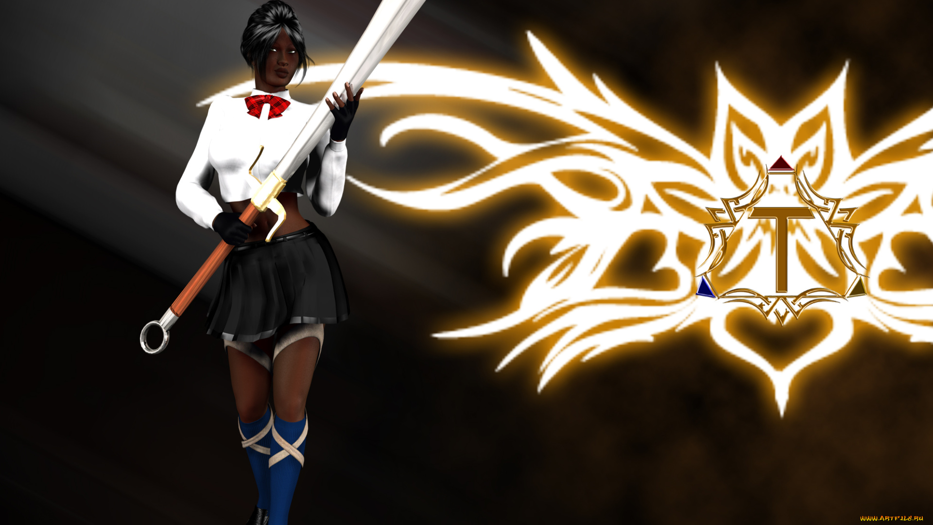 3д, графика, fantasy, фантазия, меч, фон, девушка