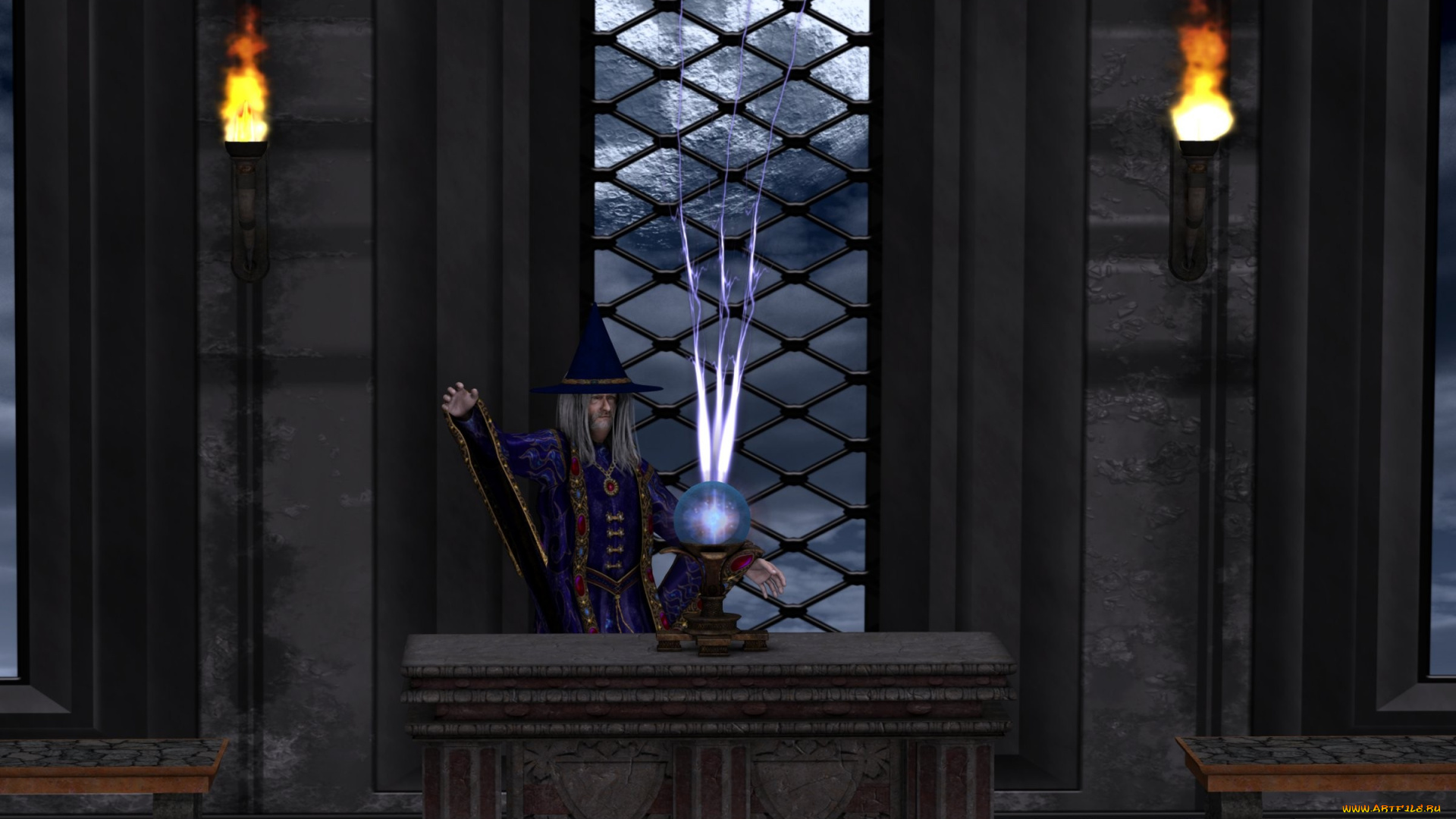 3д, графика, fantasy, фантазия, окно, факелы, маг