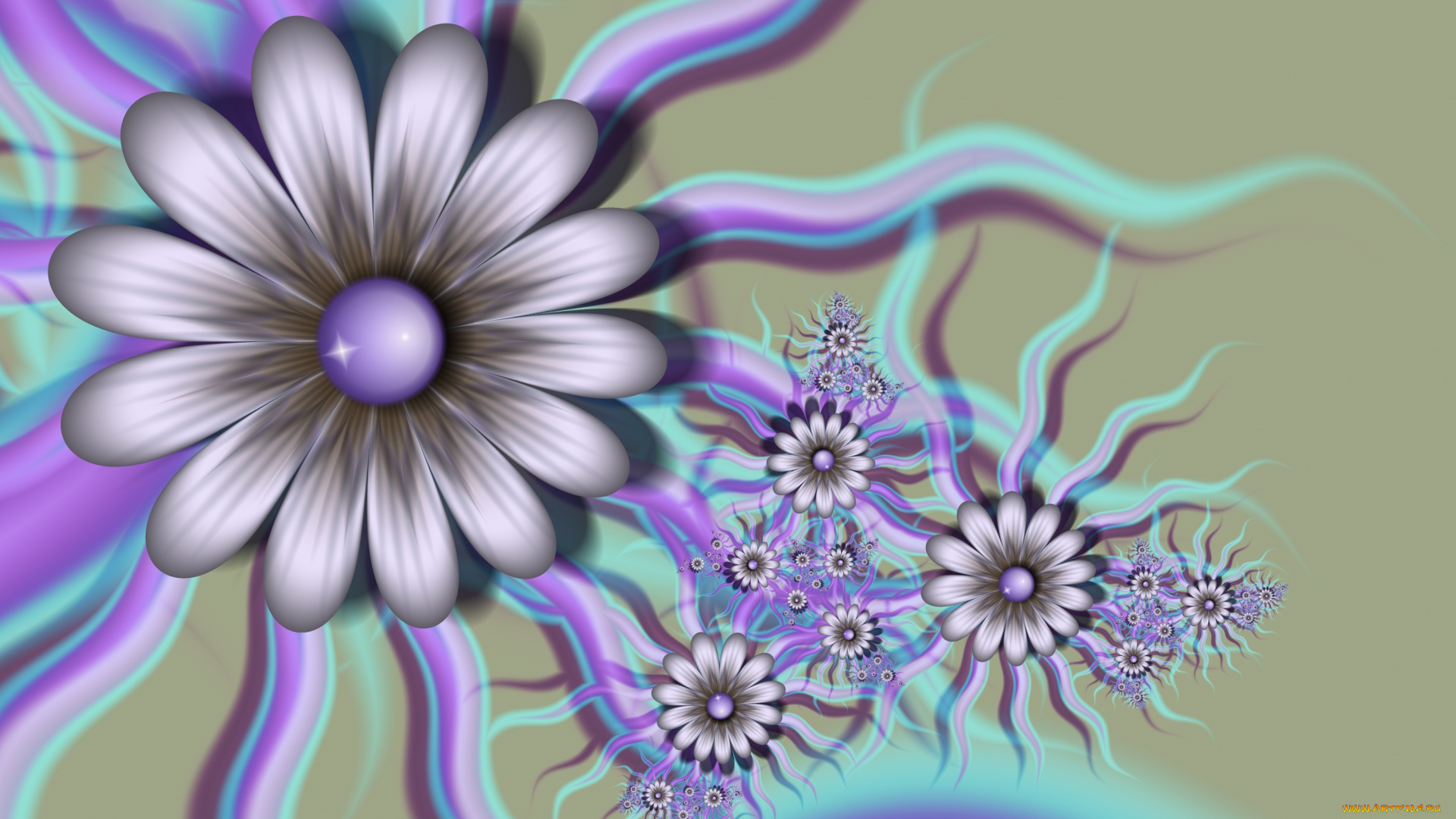 3д, графика, fractal, фракталы, узор, лепестки, цветы