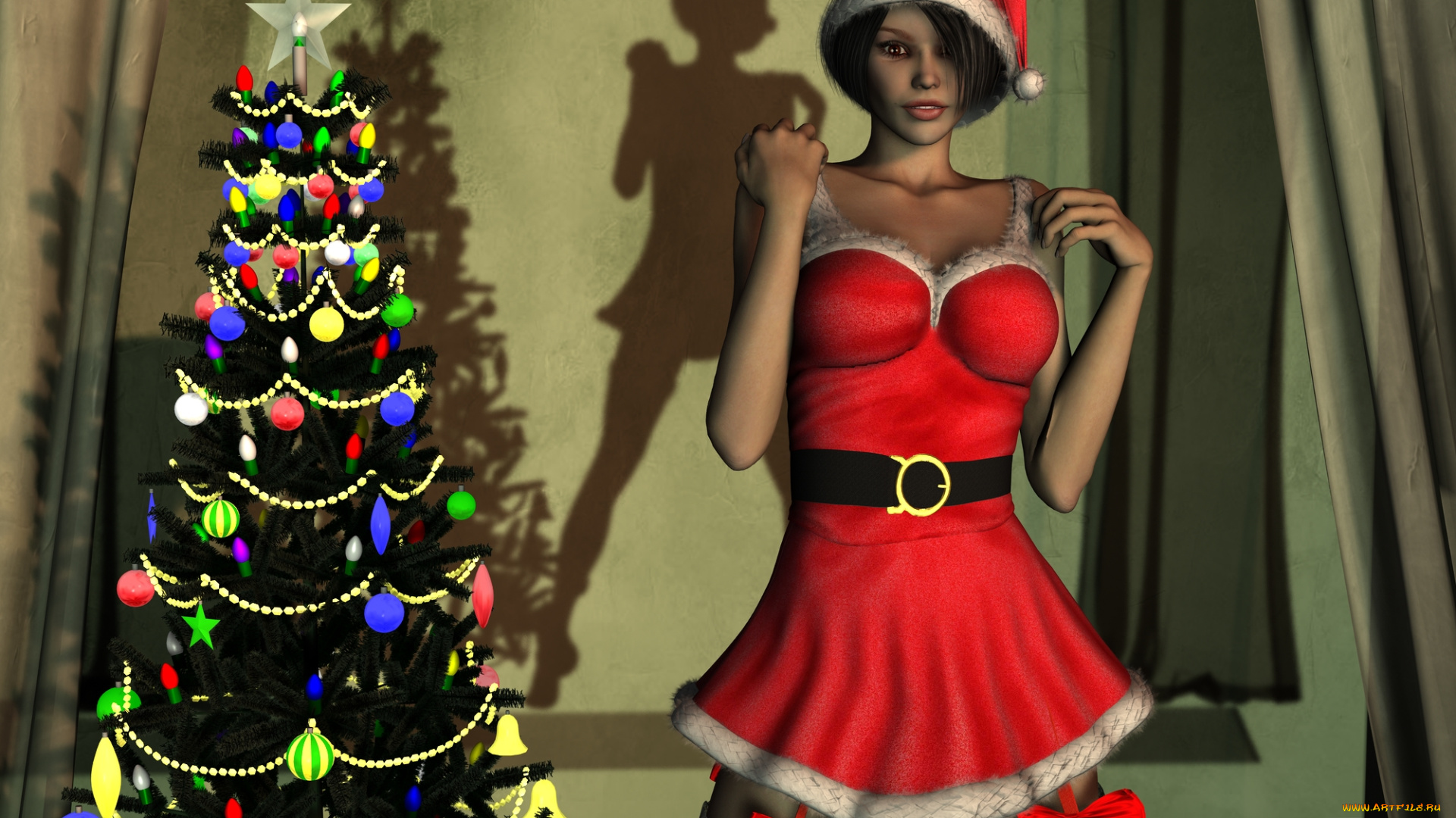 3д, графика, holidays, праздники, украшение, елка, девушка