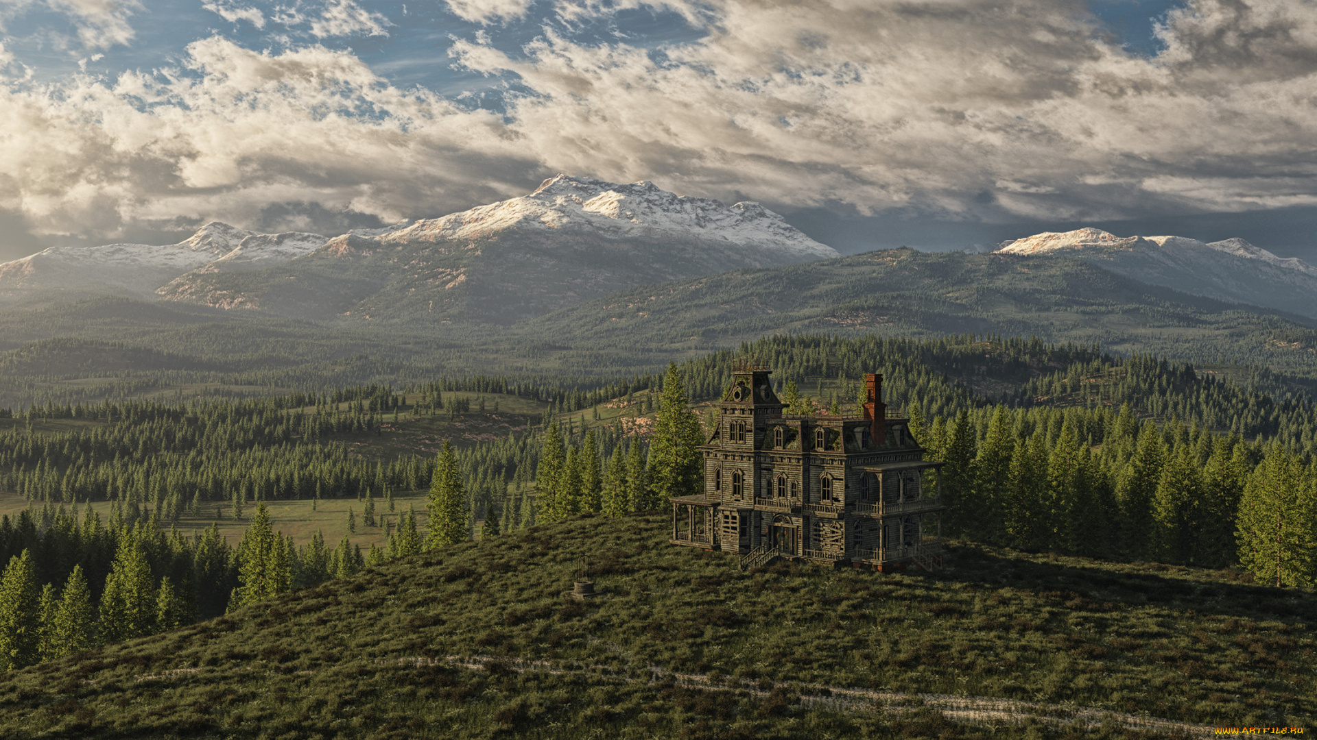 3д, графика, nature, landscape, природа, лес, дом, горы