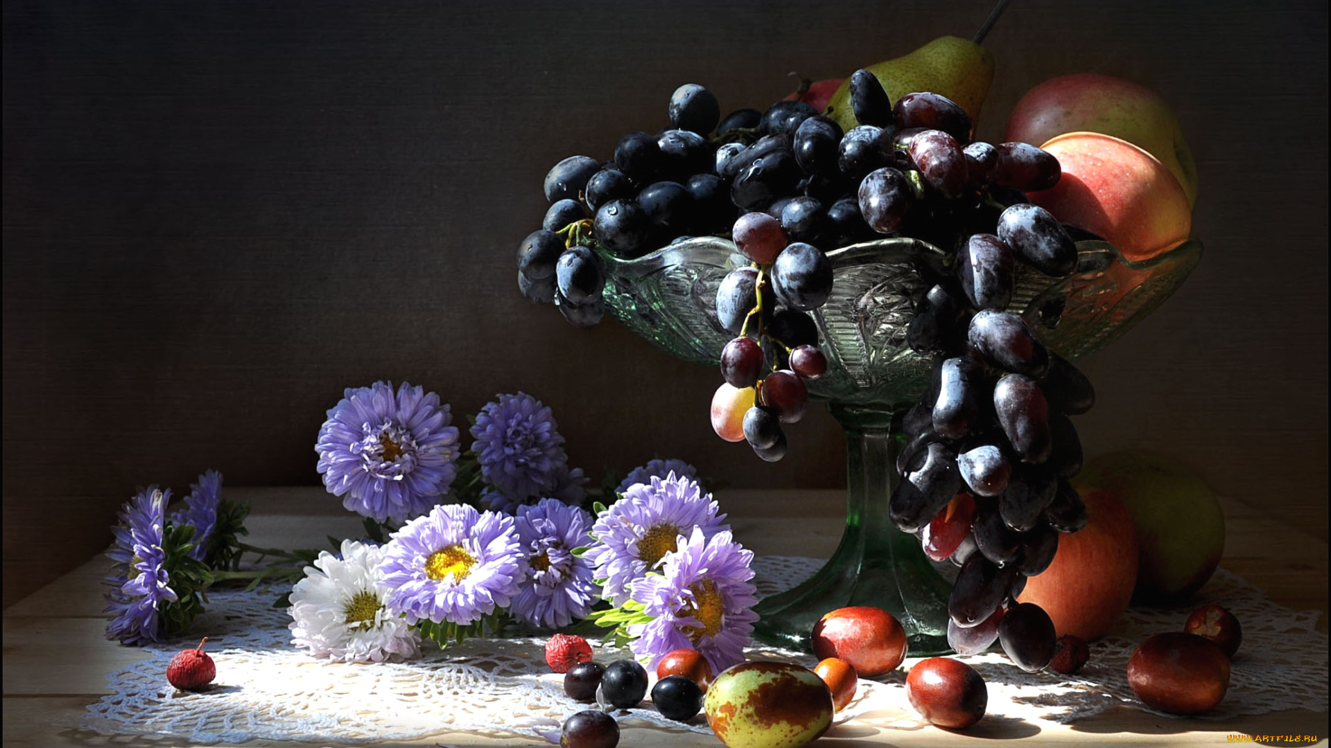 еда, натюрморт, астры, виноград, яблоки, груши