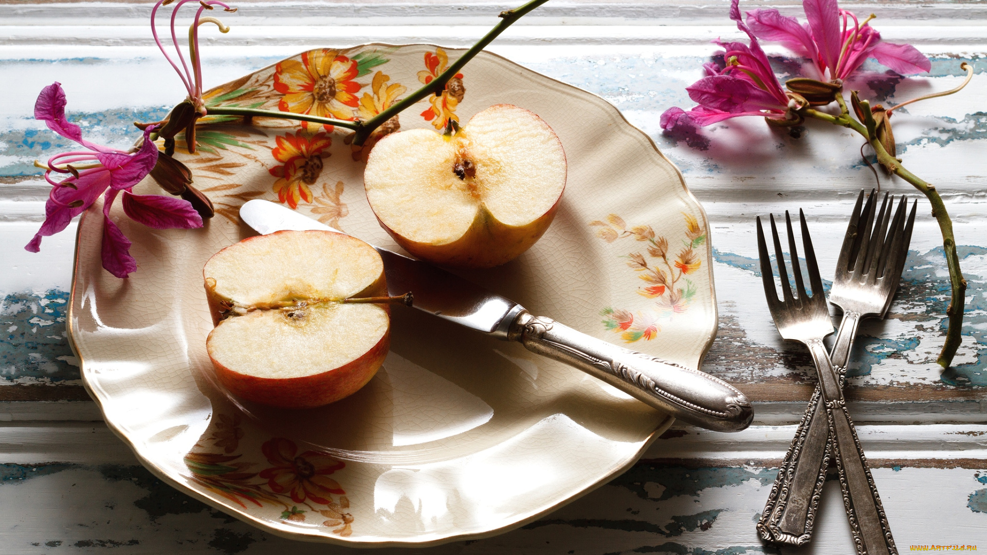 еда, Яблоки, половинки, тарелка