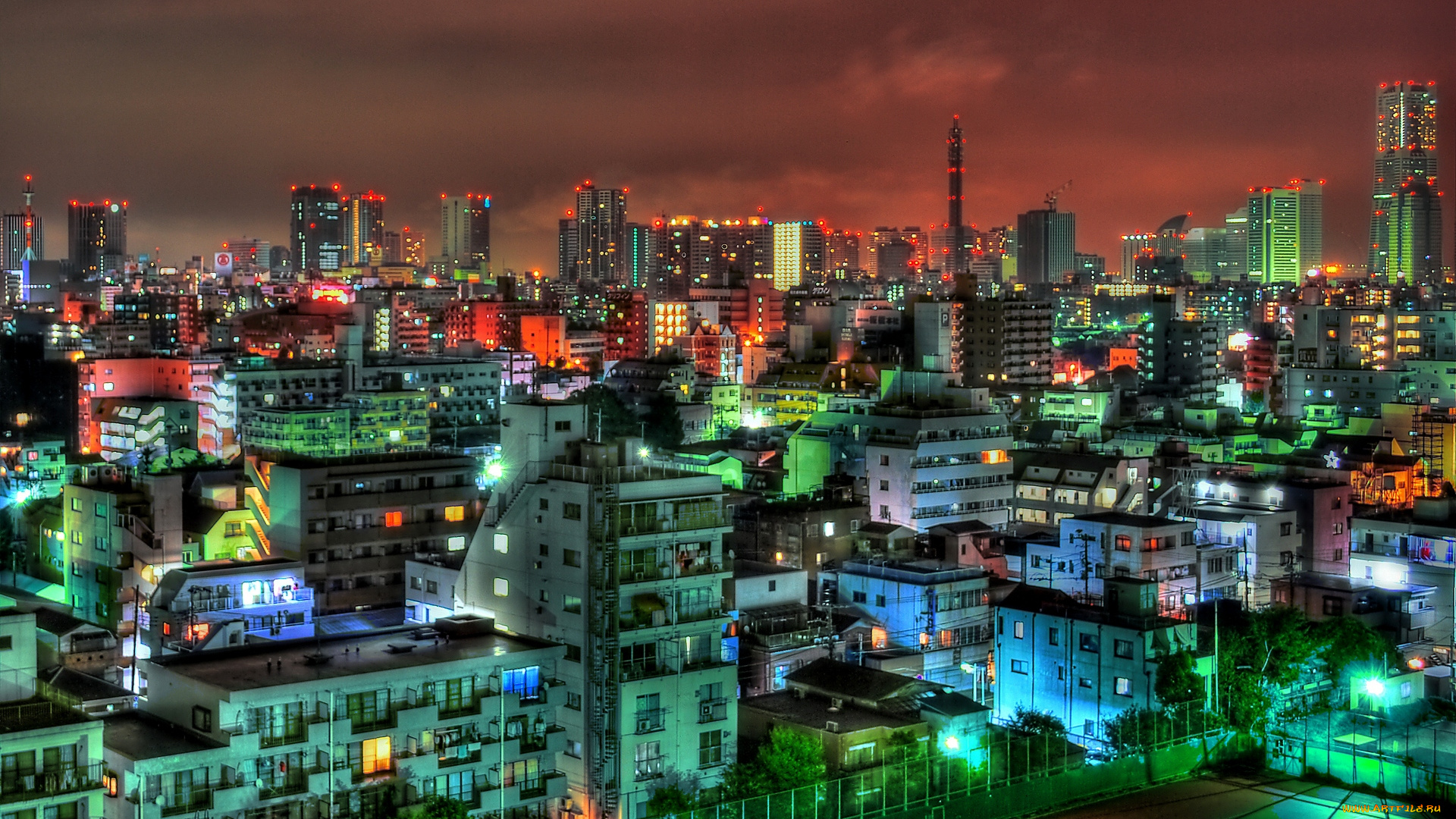 города, йокогама, Япония, hdr, огни, ночь