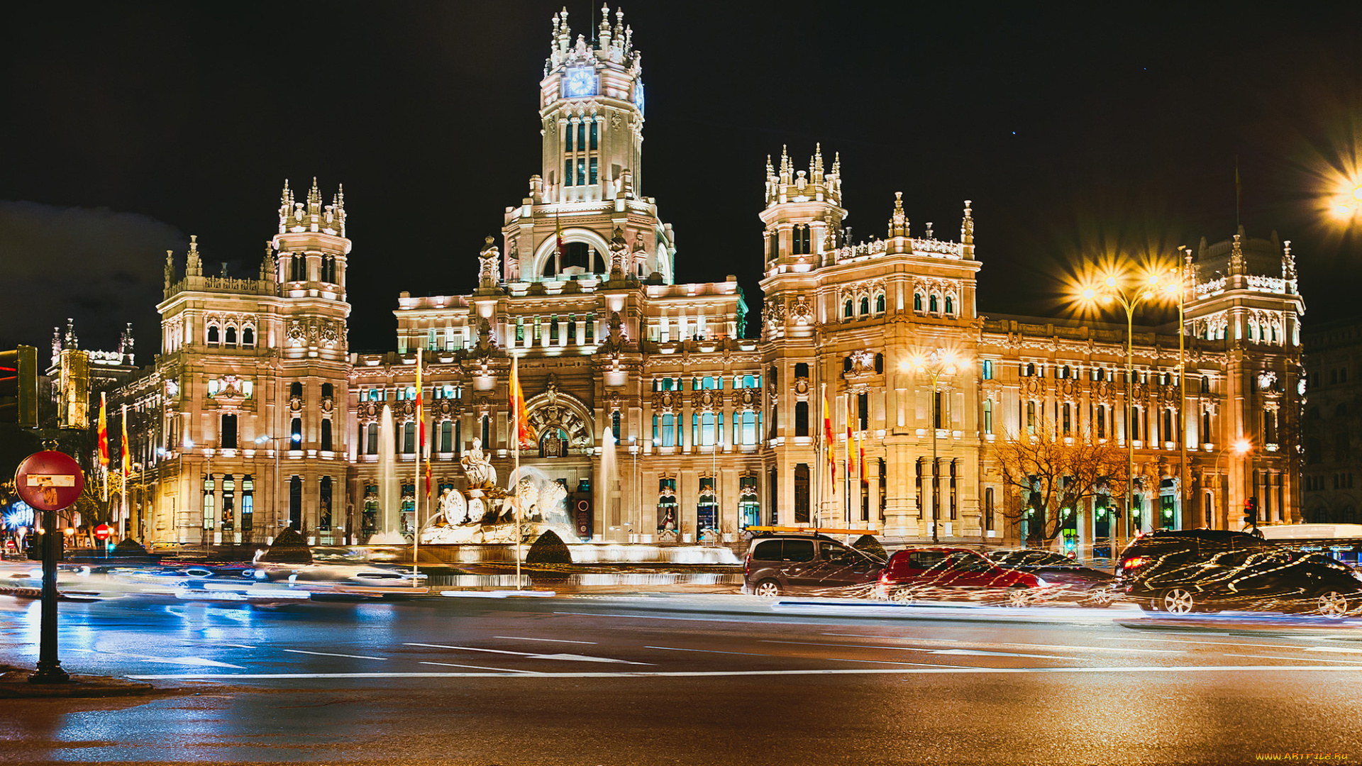 palacio, de, cibeles, города, мадрид, испания, ночь, площадь, дворец, огни