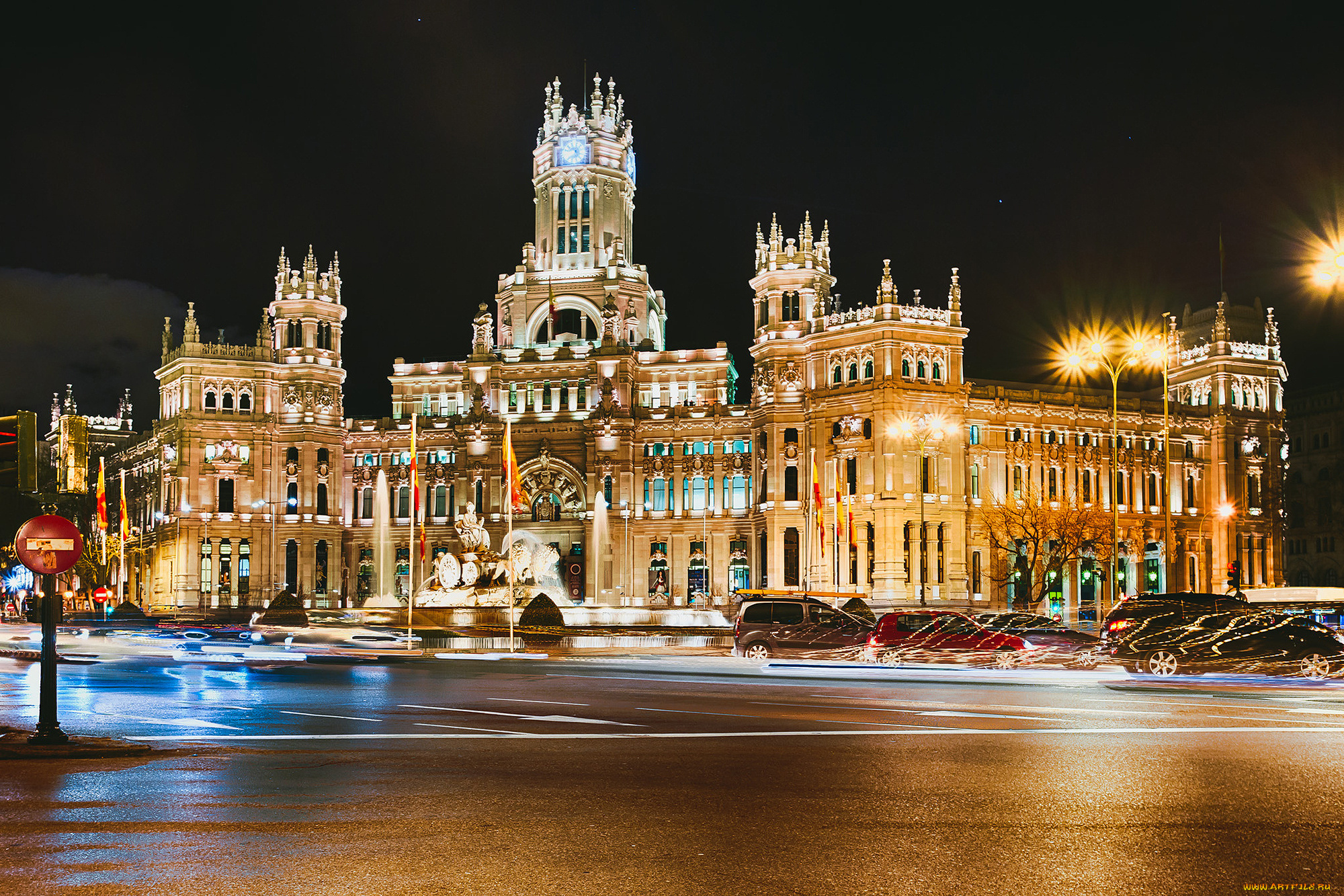 palacio, de, cibeles, города, мадрид, испания, ночь, площадь, дворец, огни