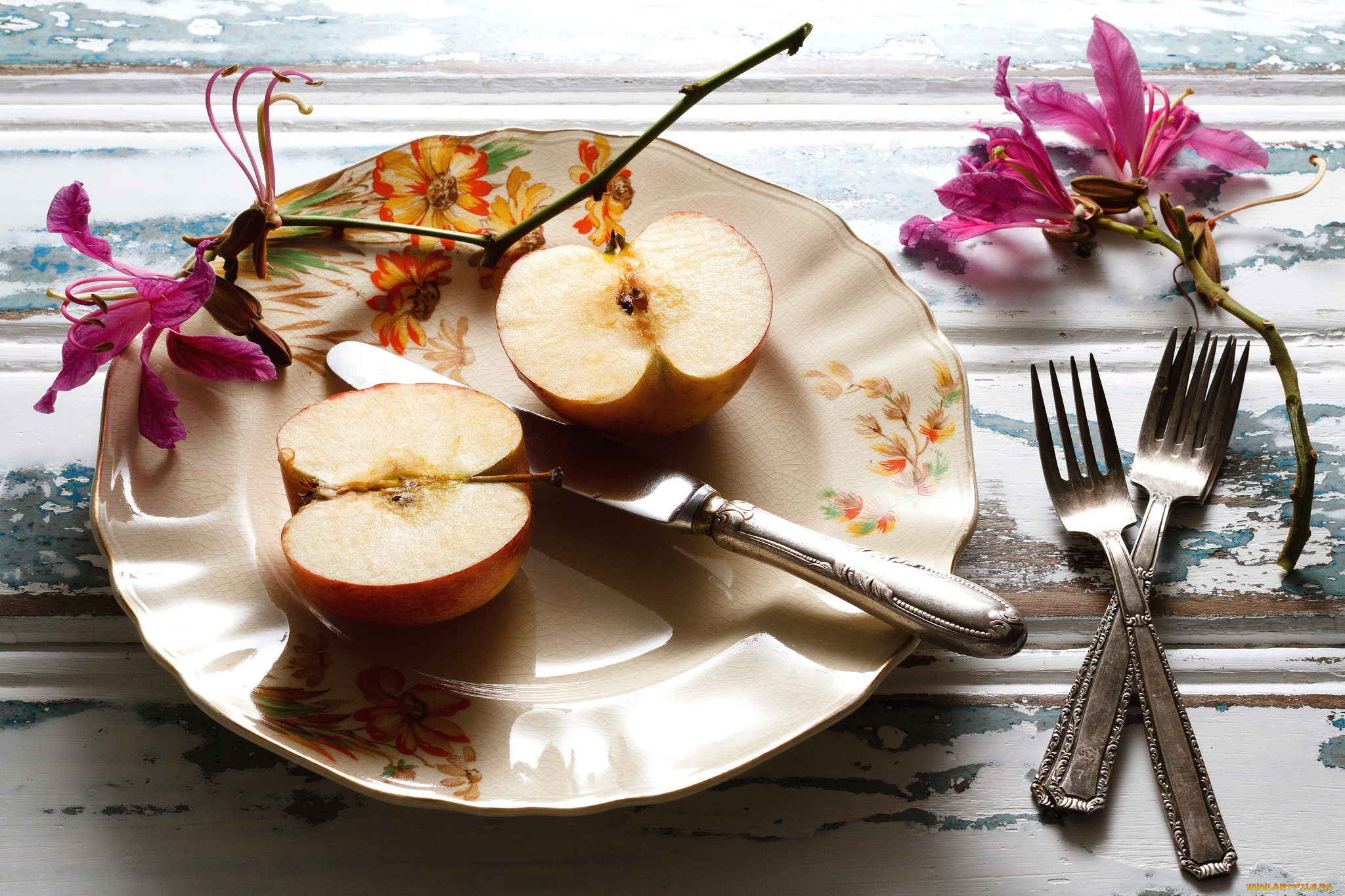 еда, Яблоки, половинки, тарелка