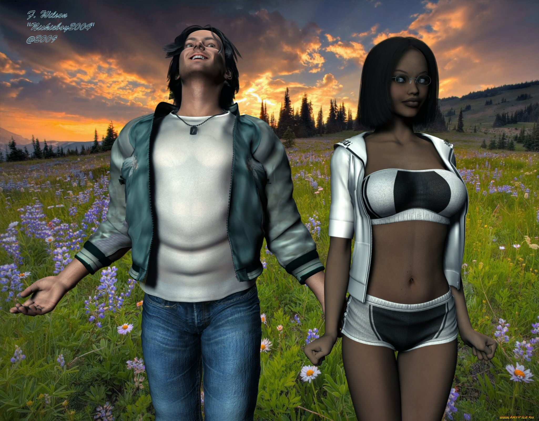 3д, графика, romance, луг, парень, девушка, закат, цветы, дедевья