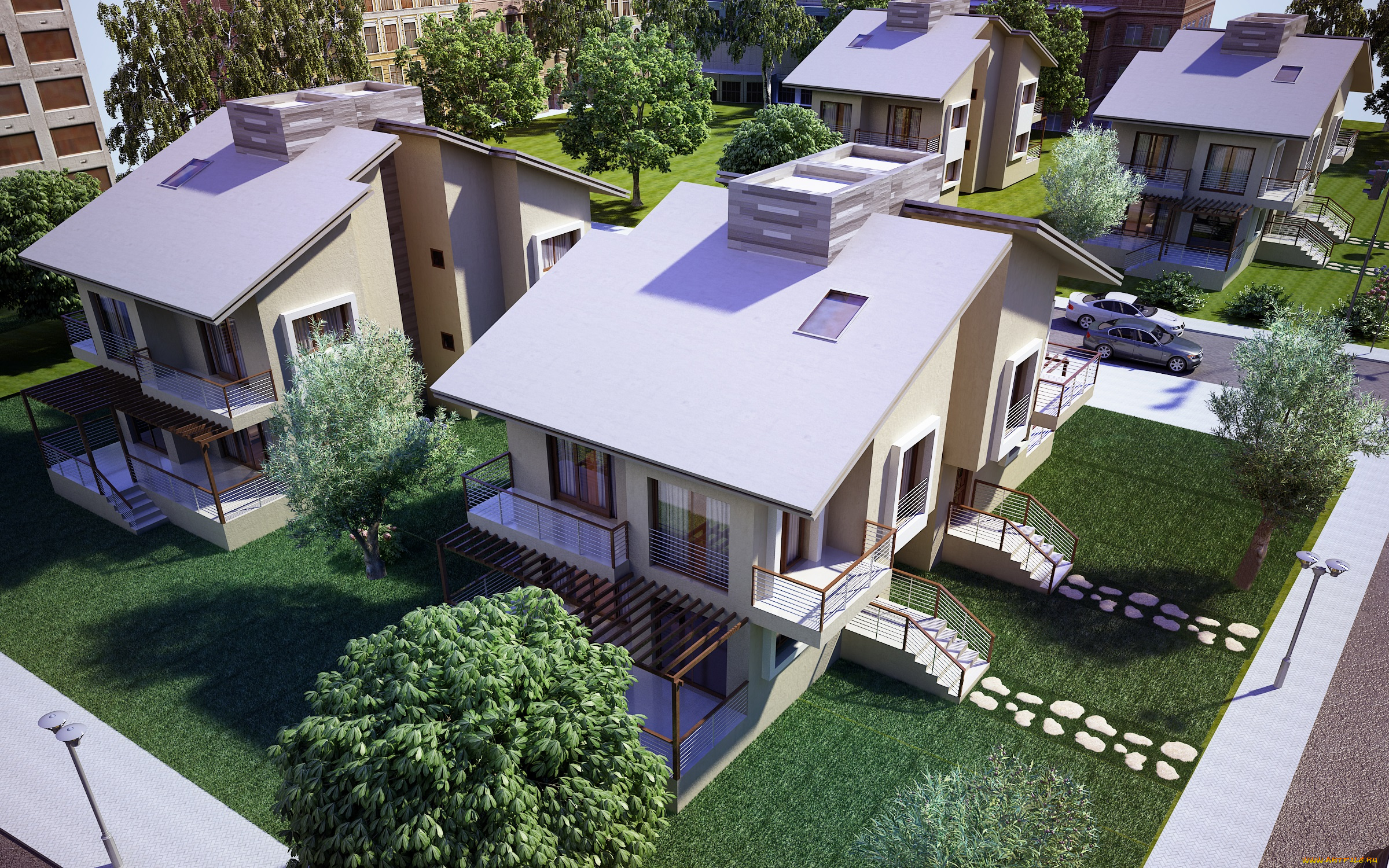 3д, графика, architecture, архитектура, дома, тротуар, автомобили, деревья