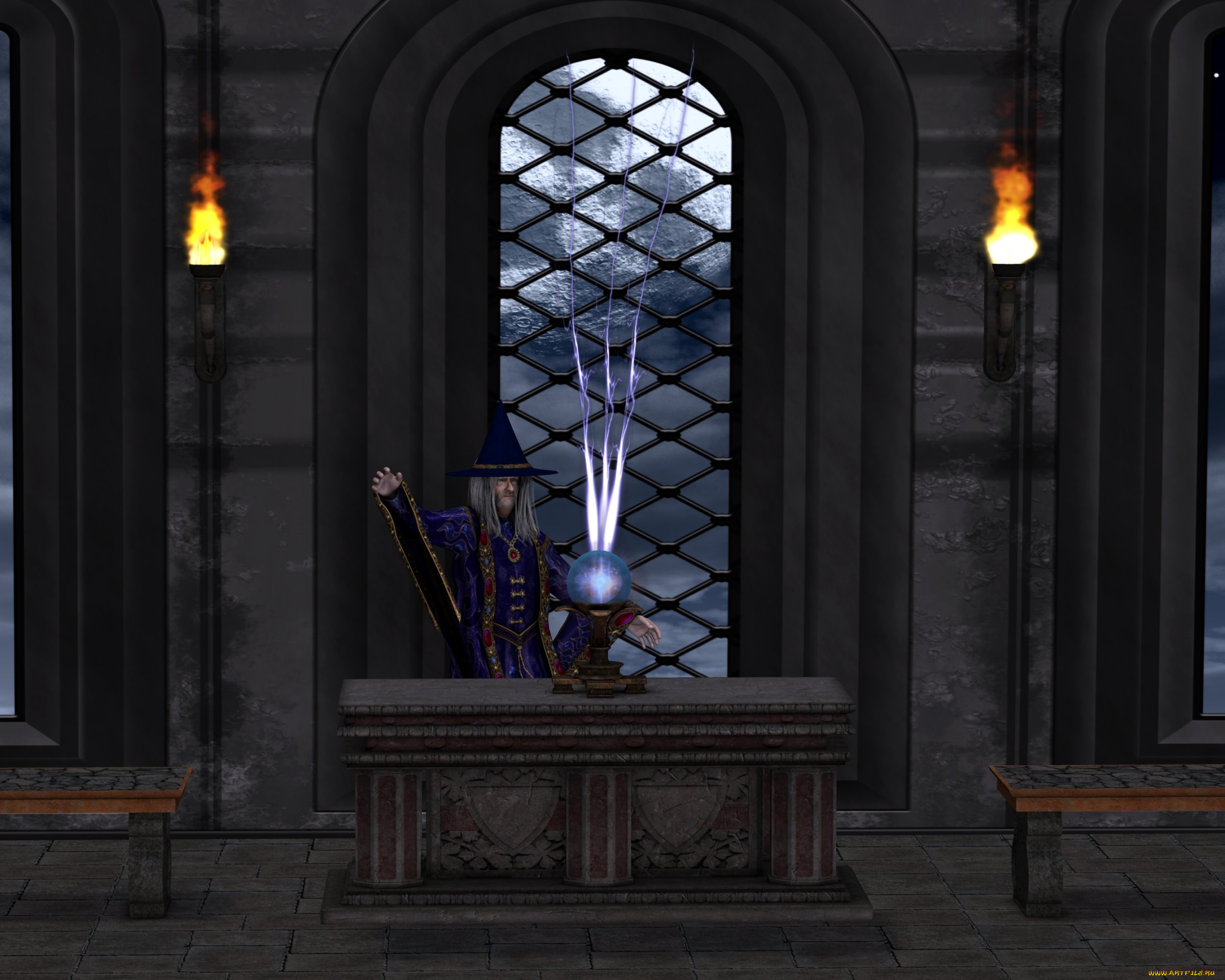 3д, графика, fantasy, фантазия, окно, факелы, маг