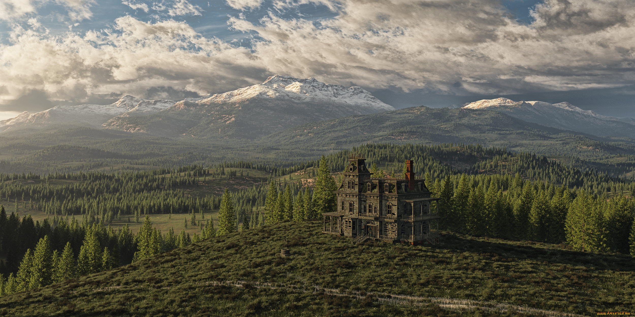 3д, графика, nature, landscape, природа, лес, дом, горы