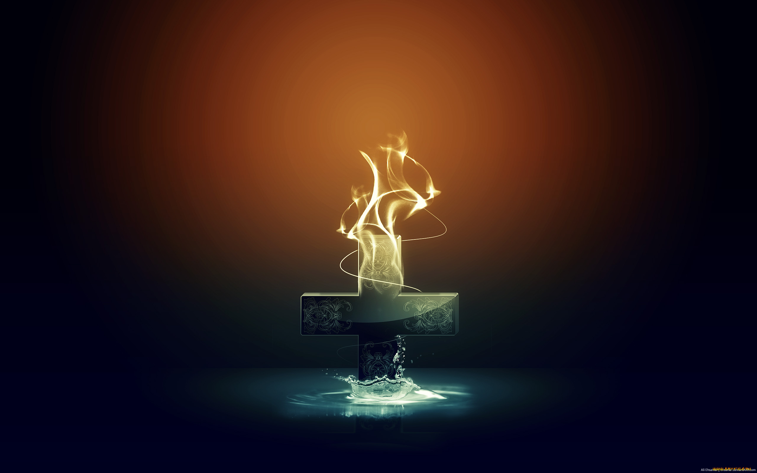 3д, графика, religion, религия, всплеск, пламя, крест