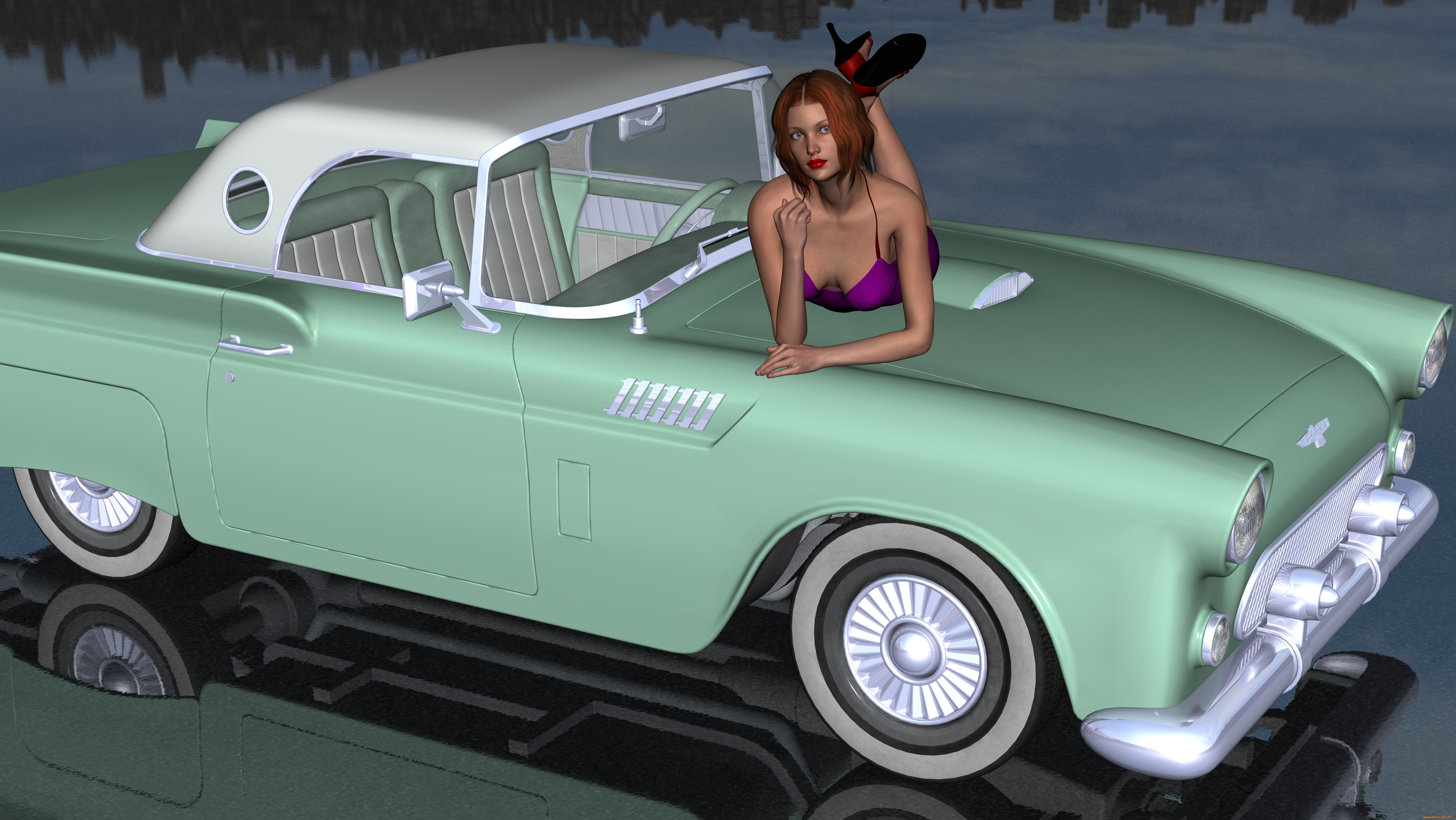 автомобили, 3д, девущка, автомобиль