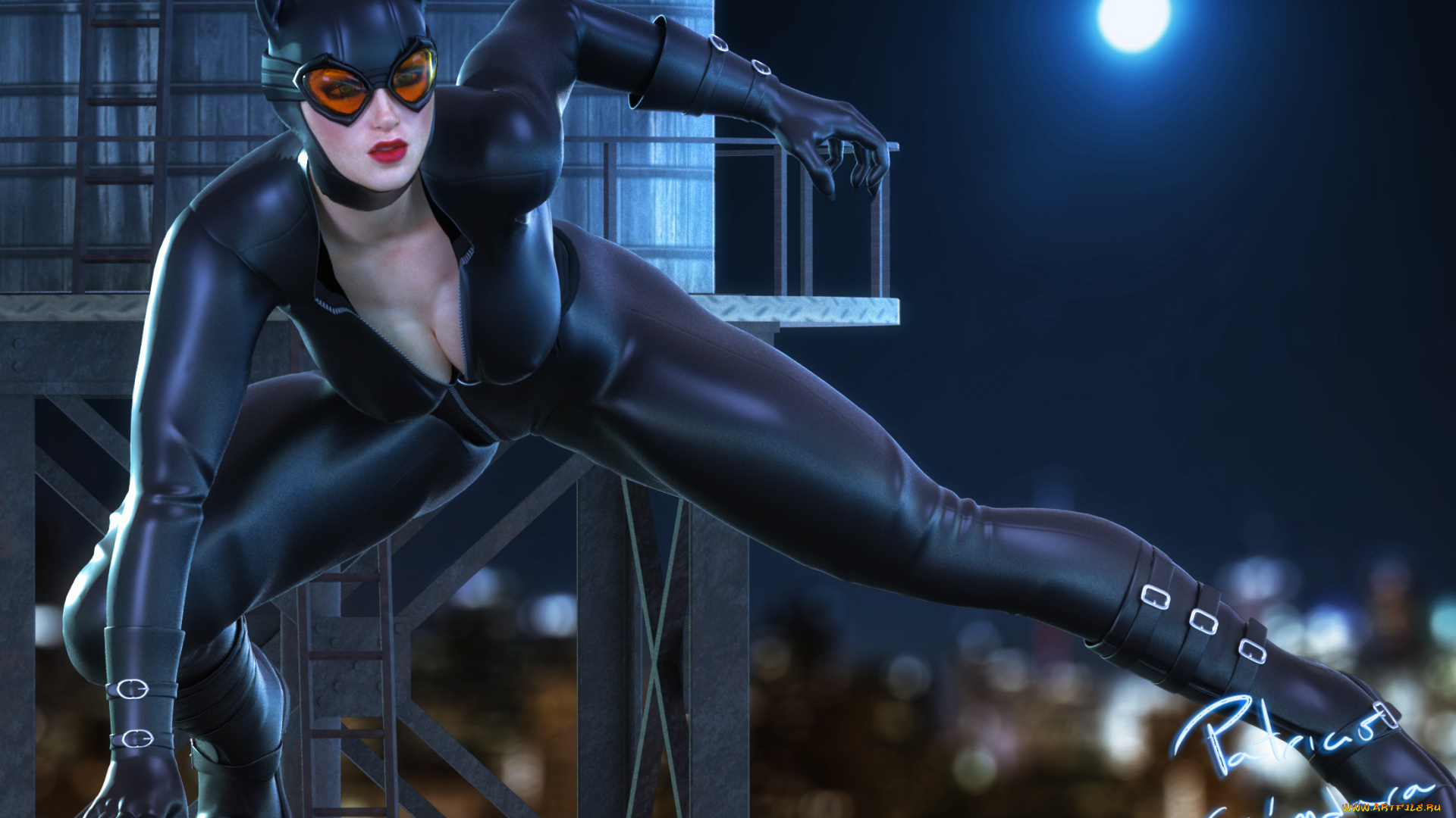 3д, графика, фантазия, , fantasy, луна, ночь, очки, маска, грудь, костюм, женщина, кошка, catwoman