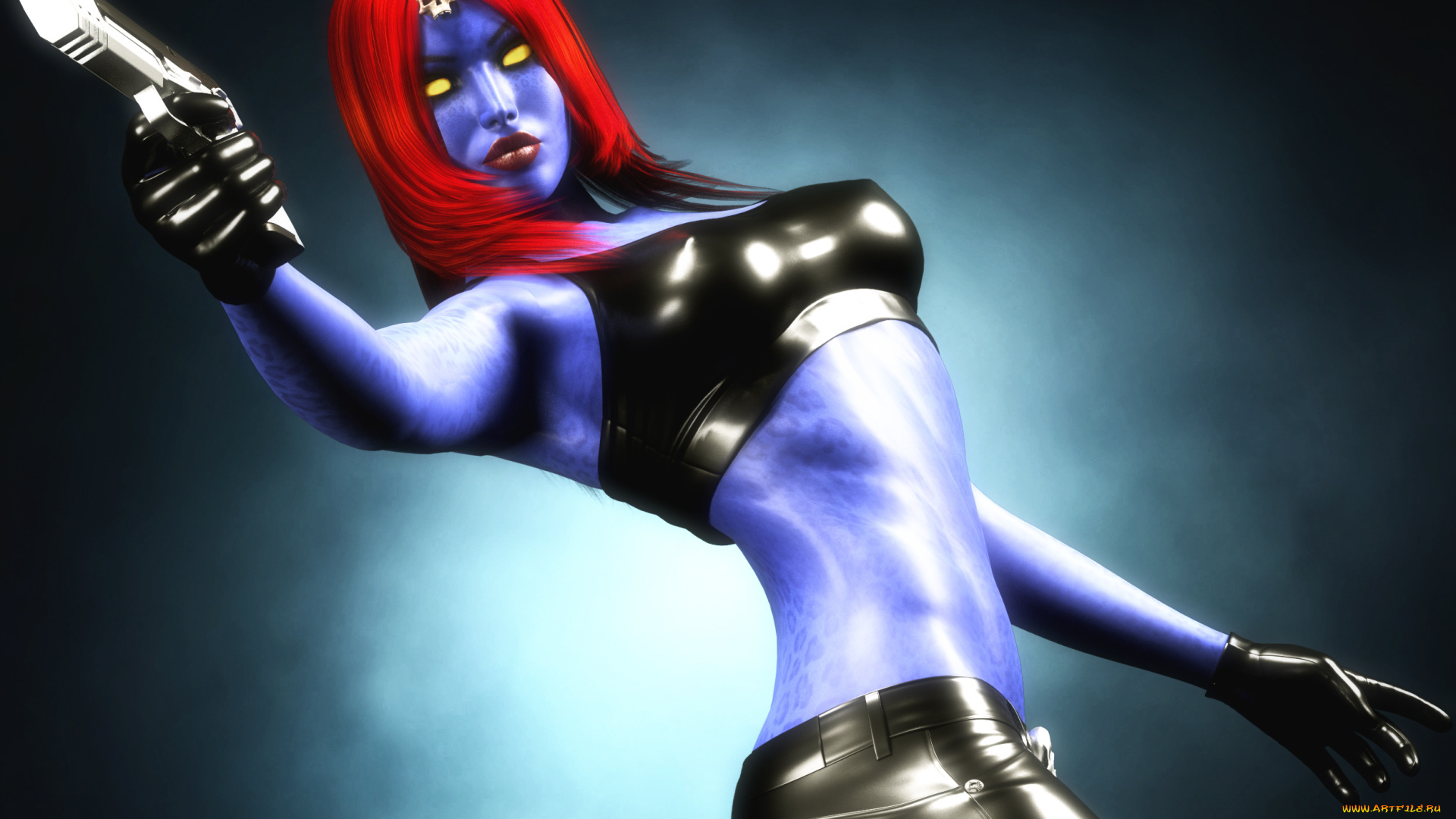 3д, графика, фантазия, , fantasy, взгляд, оружие, пистолет, синяя, кожа, raven, marvel, mystique, x-men