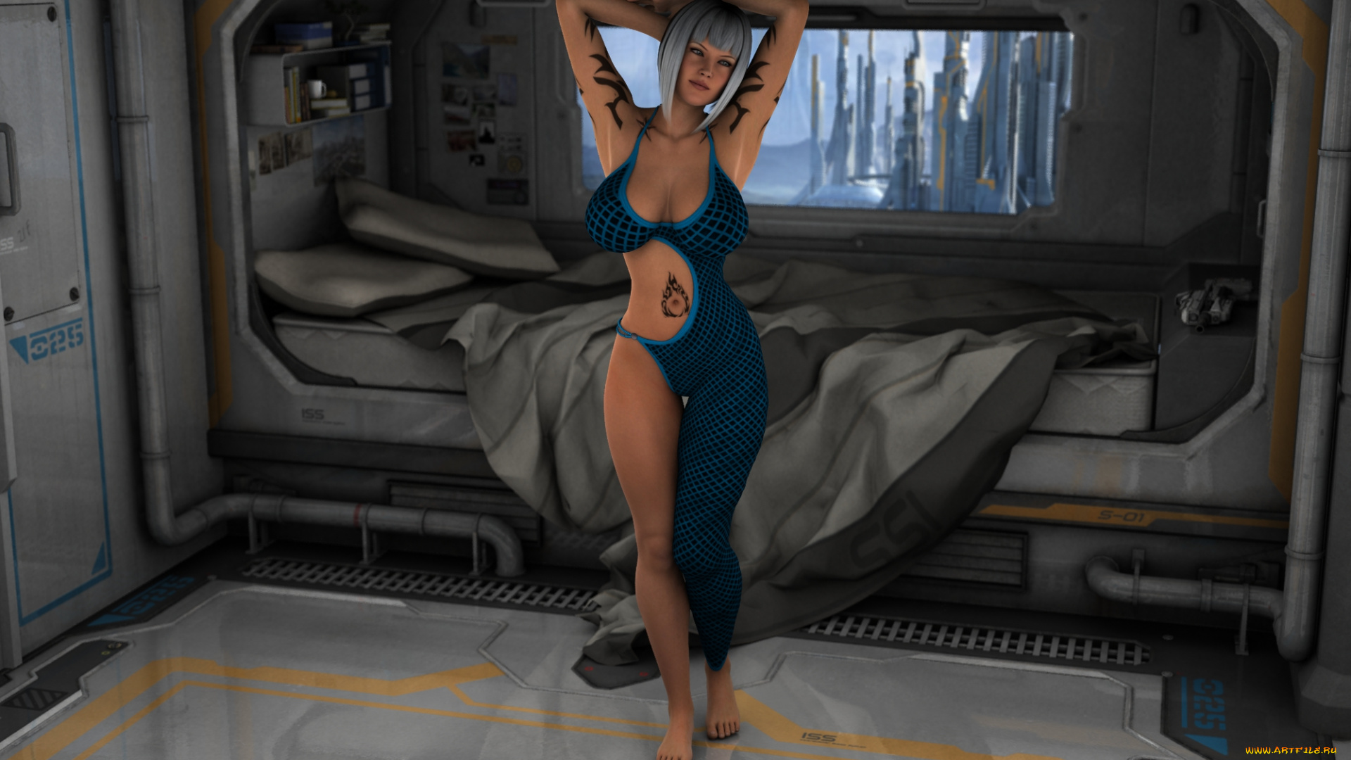 3д, графика, люди, , people, девушка, тату, кровать, взгляд