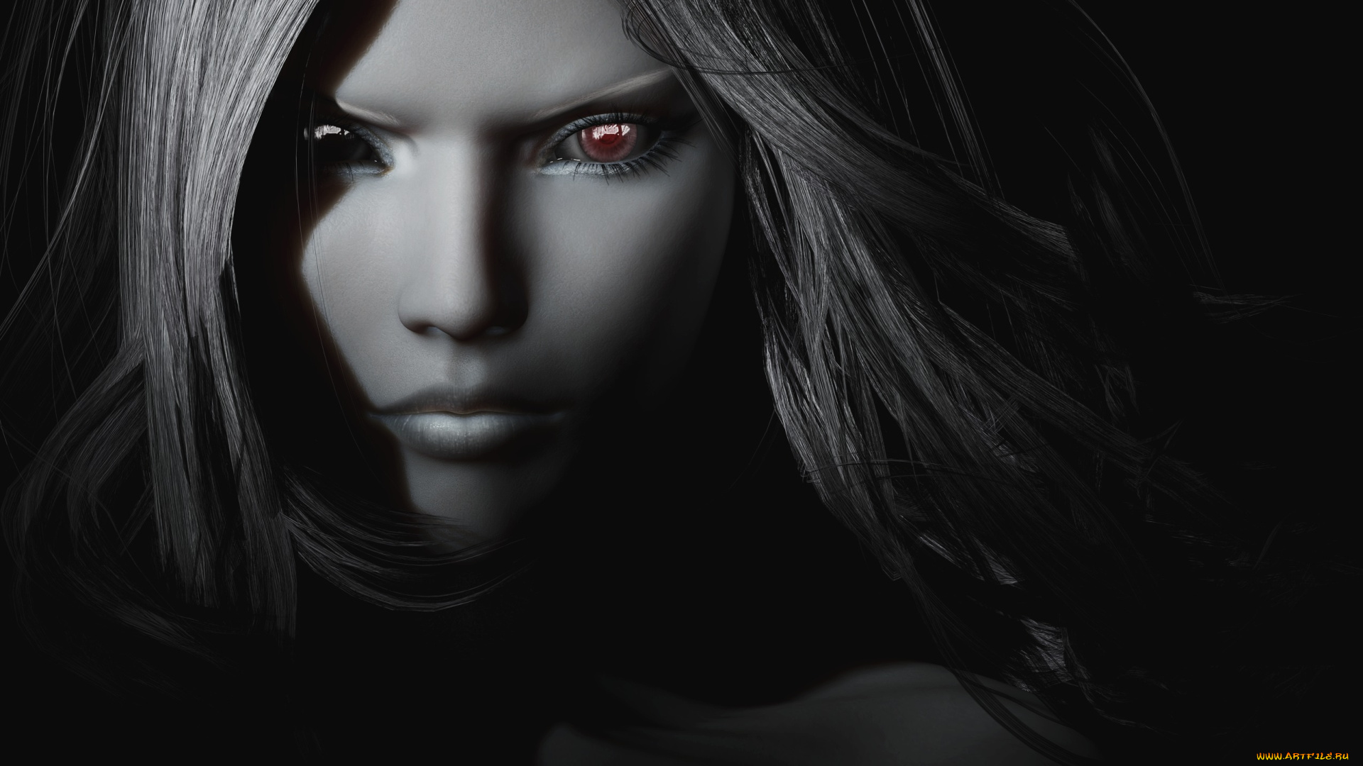 3д, графика, портрет, , portraits, черно, белая, девушка, волосы, глаза, вампирша